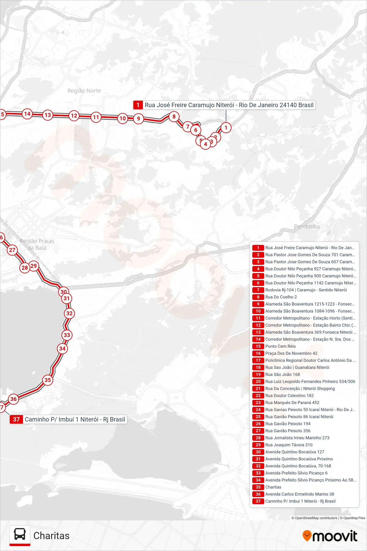 Rota e paradas da linha de ônibus  62A  (Charitas) no mapa