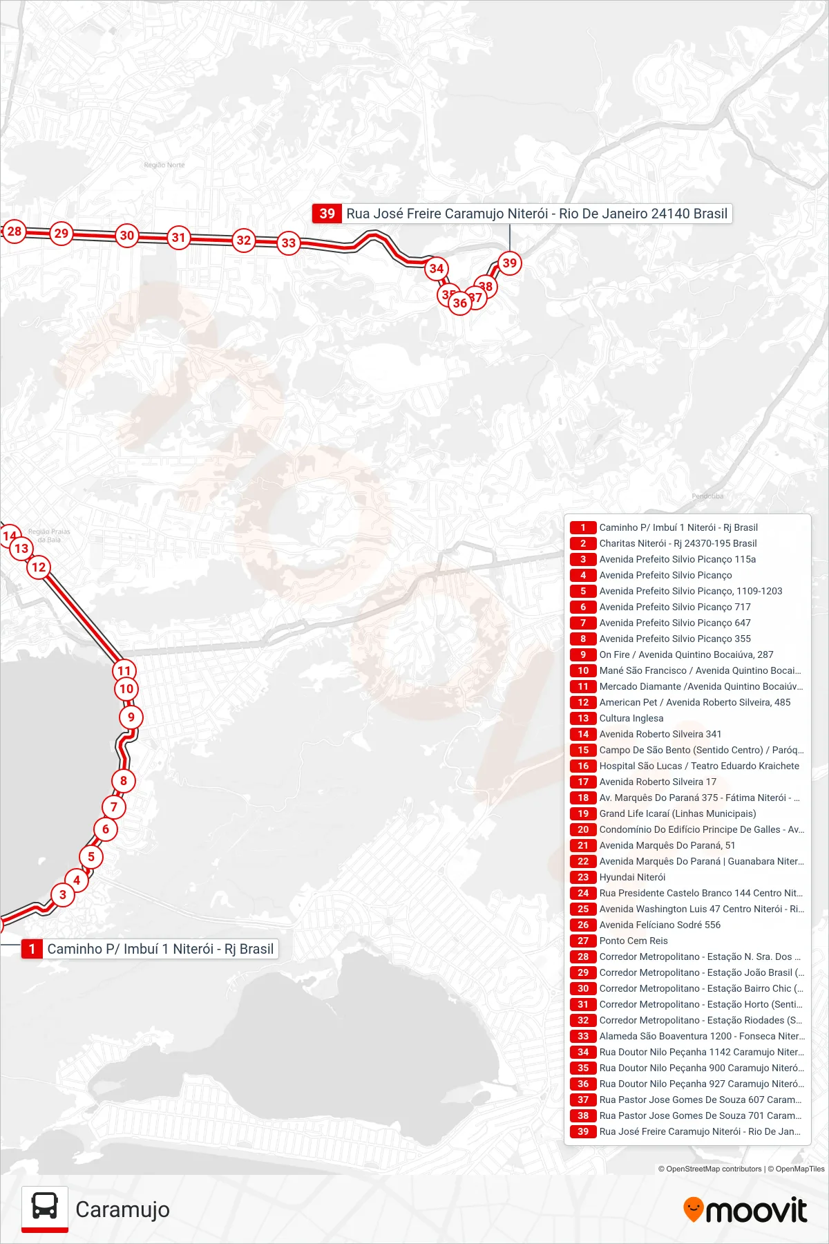 Rota e paradas da linha de ônibus 62A (Caramujo) no mapa