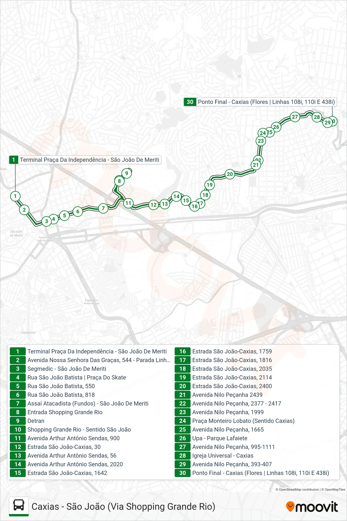 Rota e paradas da linha de ônibus 108I (Caxias (Via Shopping)) no mapa