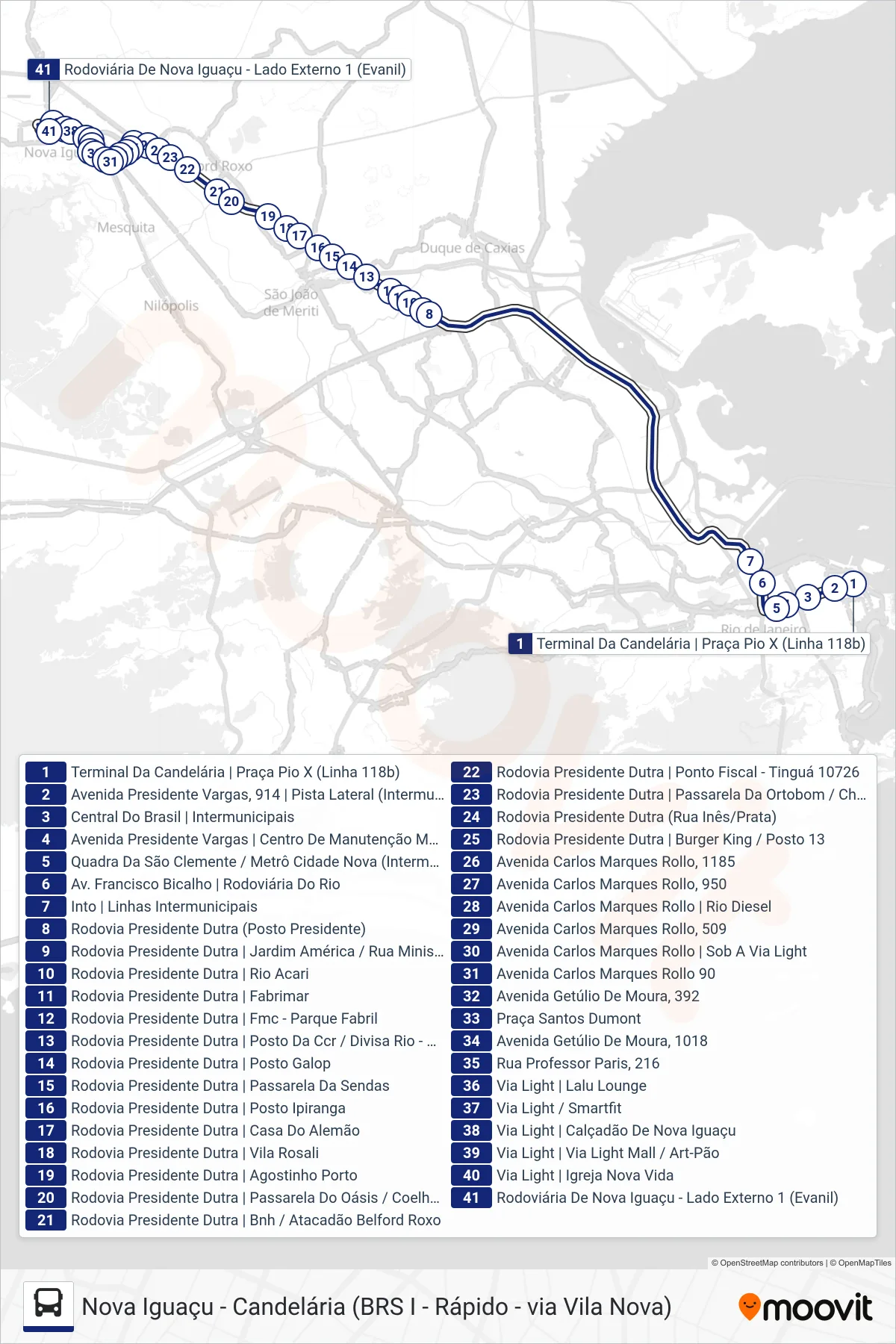 Rota e paradas da linha de ônibus  118B  (Nova Iguaçu) no mapa