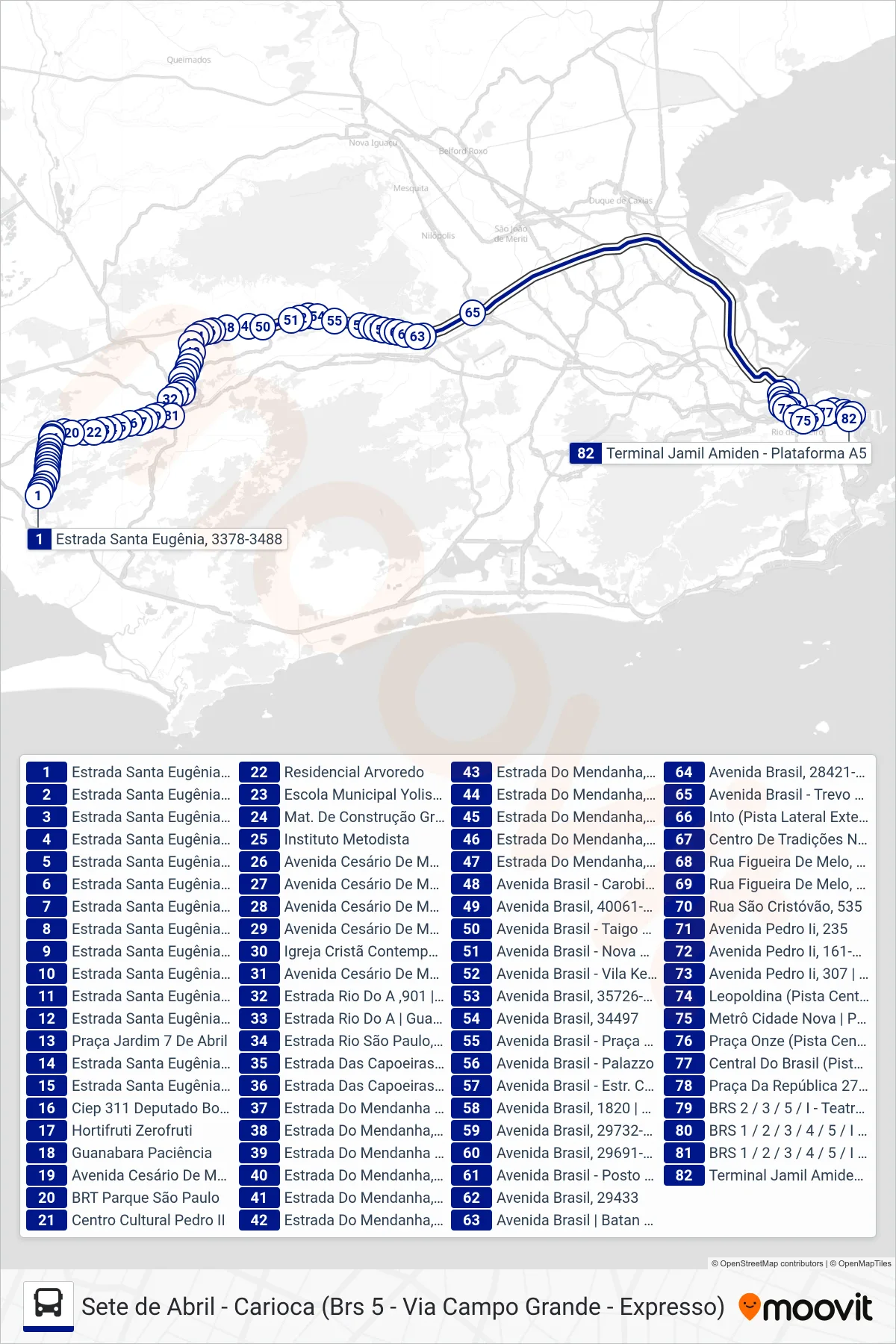Rota e paradas da linha de ônibus 2307 (Carioca) no mapa