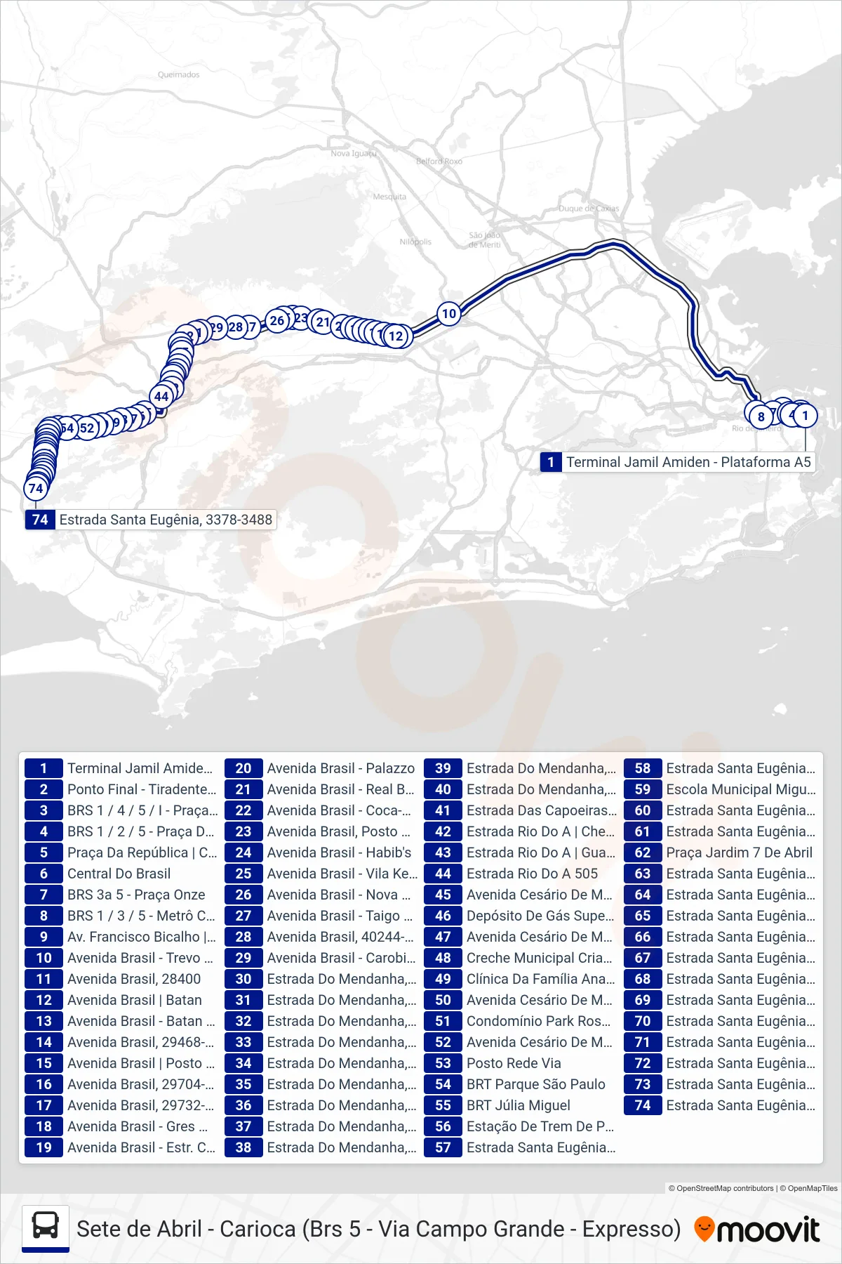 Rota e paradas da linha de ônibus 2307 (Sete De Abril) no mapa