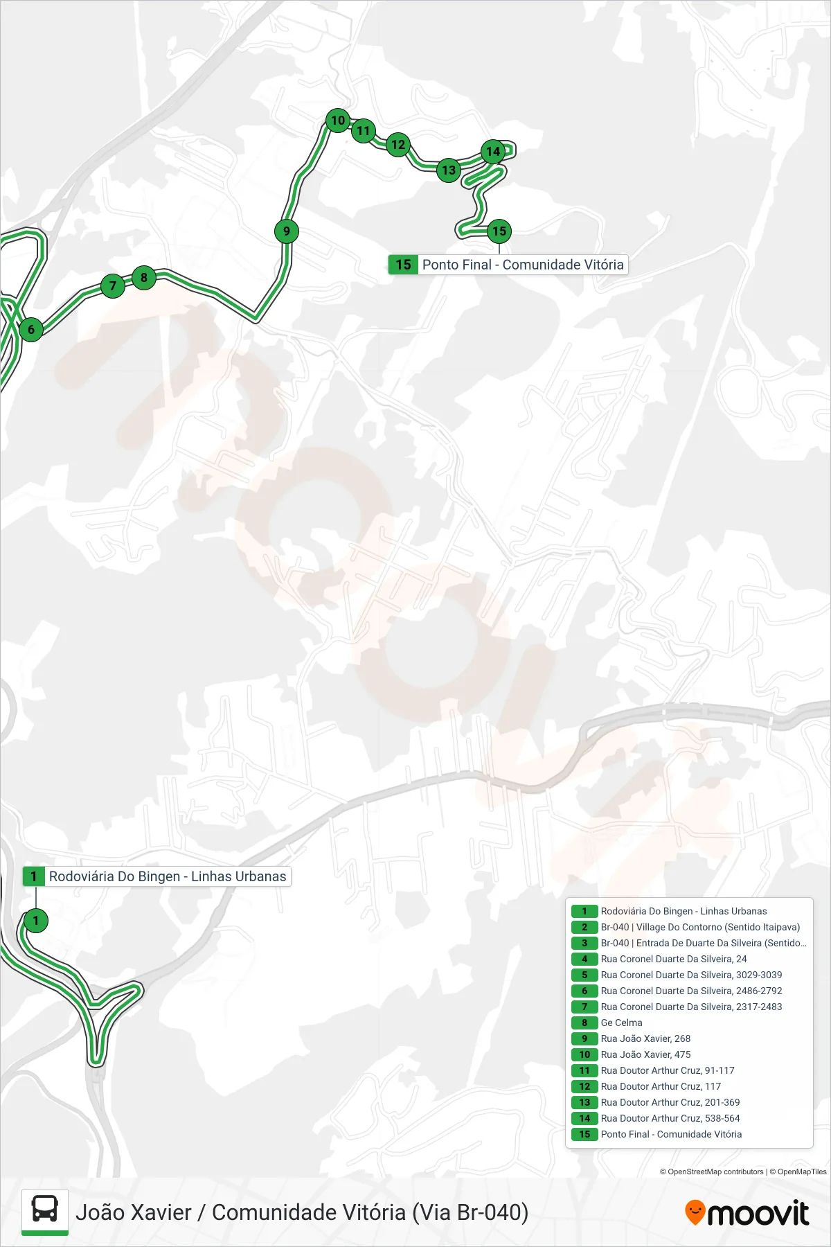 Rota e paradas da linha de ônibus 117 (João Xavier) no mapa