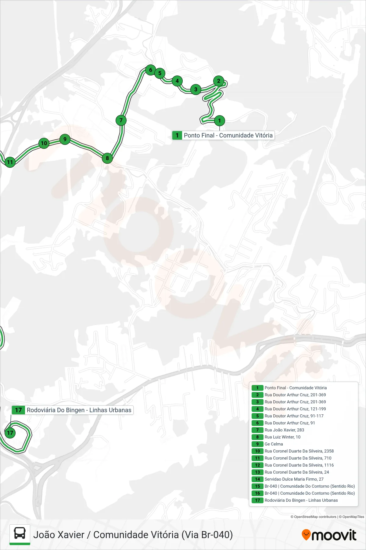 Rota e paradas da linha de ônibus 117 (Rodoviária Bingen) no mapa