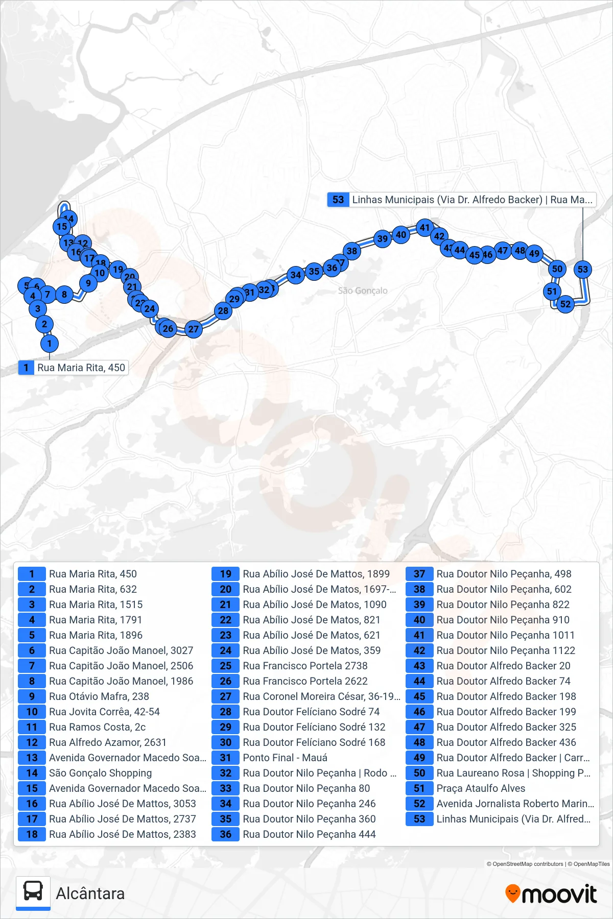 20 bus Line (Alcântara) route and stops on a map
