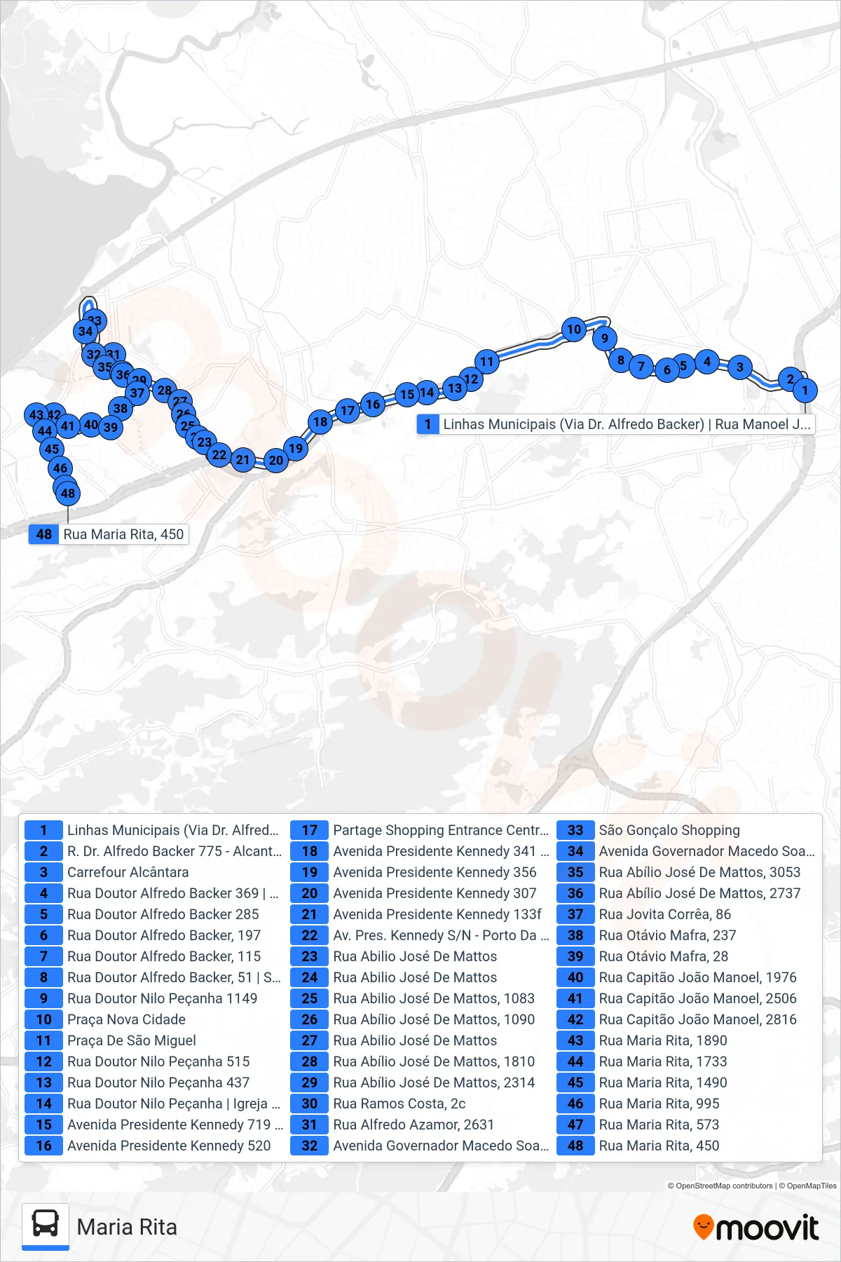 Rota e paradas da linha de ônibus 20 (Maria Rita) no mapa