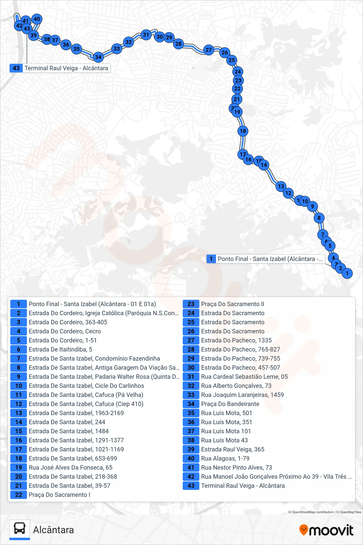 Rota e paradas da linha de ônibus 01A (Alcântara) no mapa