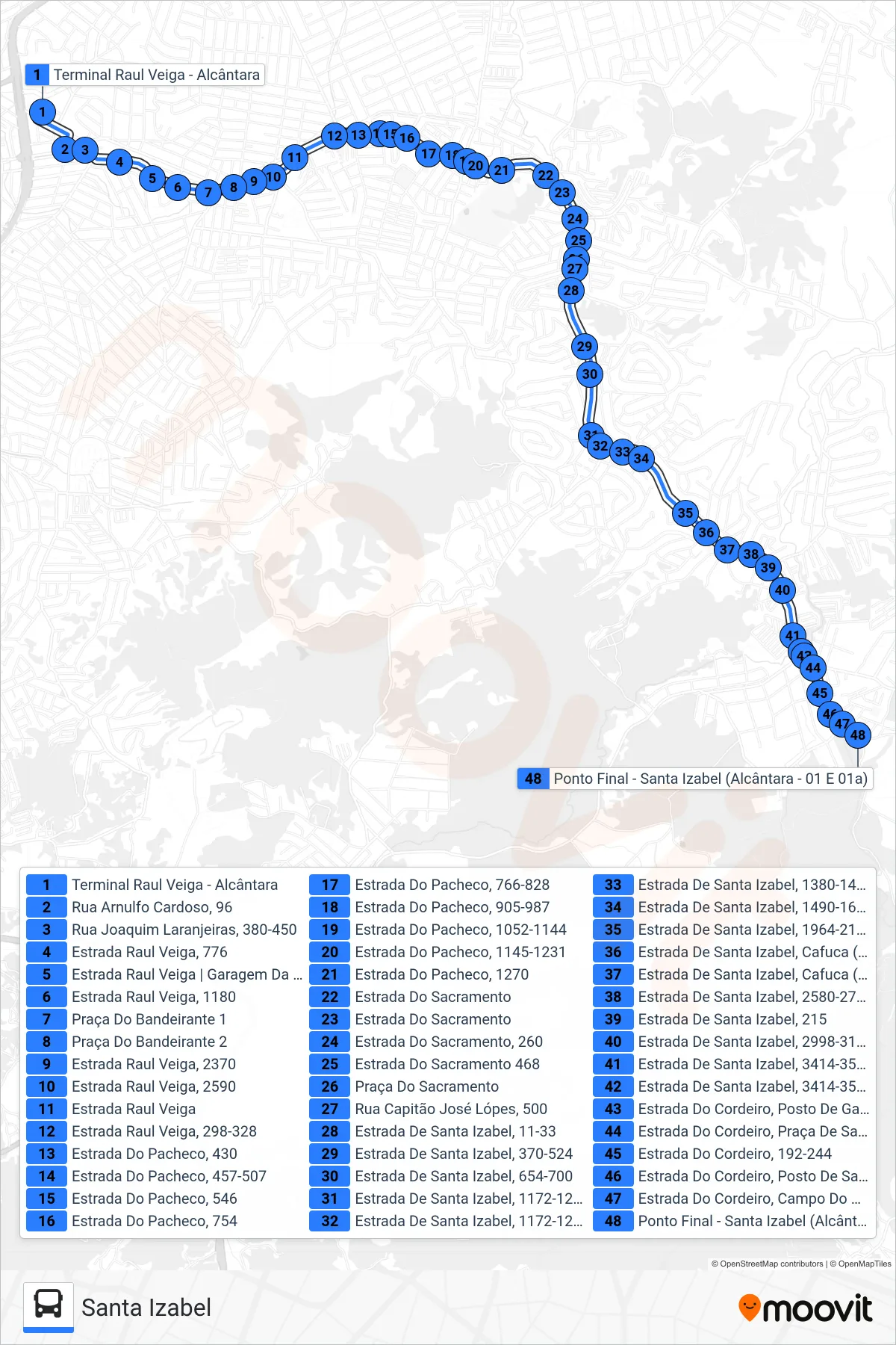 01A bus Line (Santa Izabel) route and stops on a map