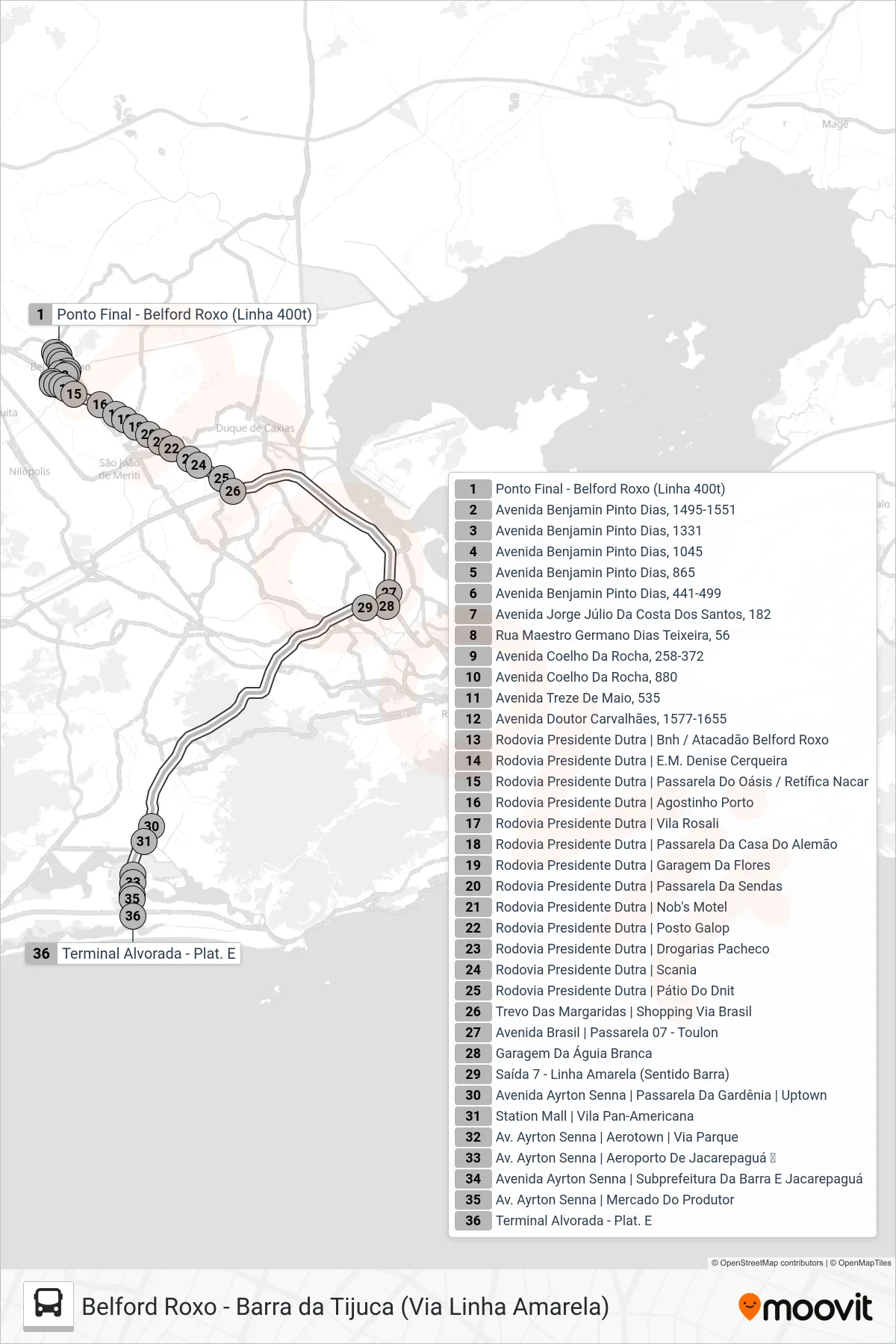 Rota e paradas da linha de ônibus 400 (Barra Da Tijuca) no mapa