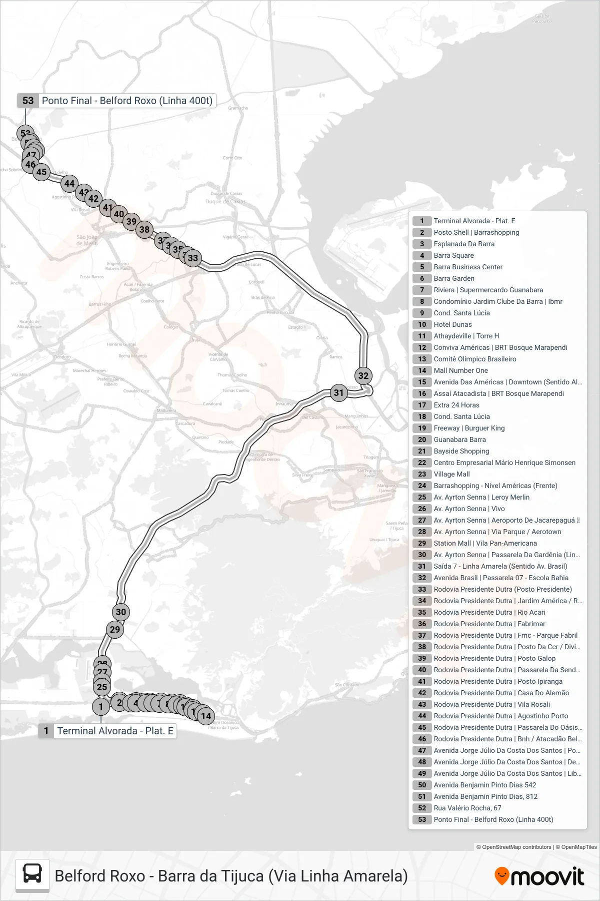 Rota e paradas da linha de ônibus 400 (Belford Roxo) no mapa