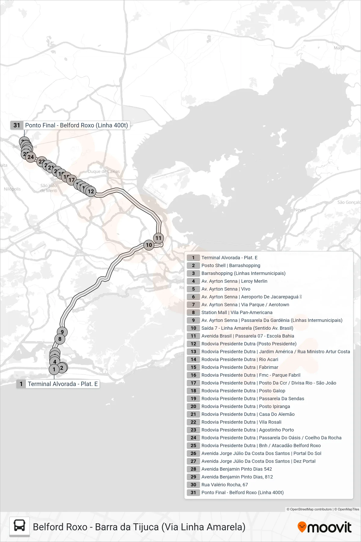Rota e paradas da linha de ônibus  400  (Belford Roxo (Expresso)) no mapa