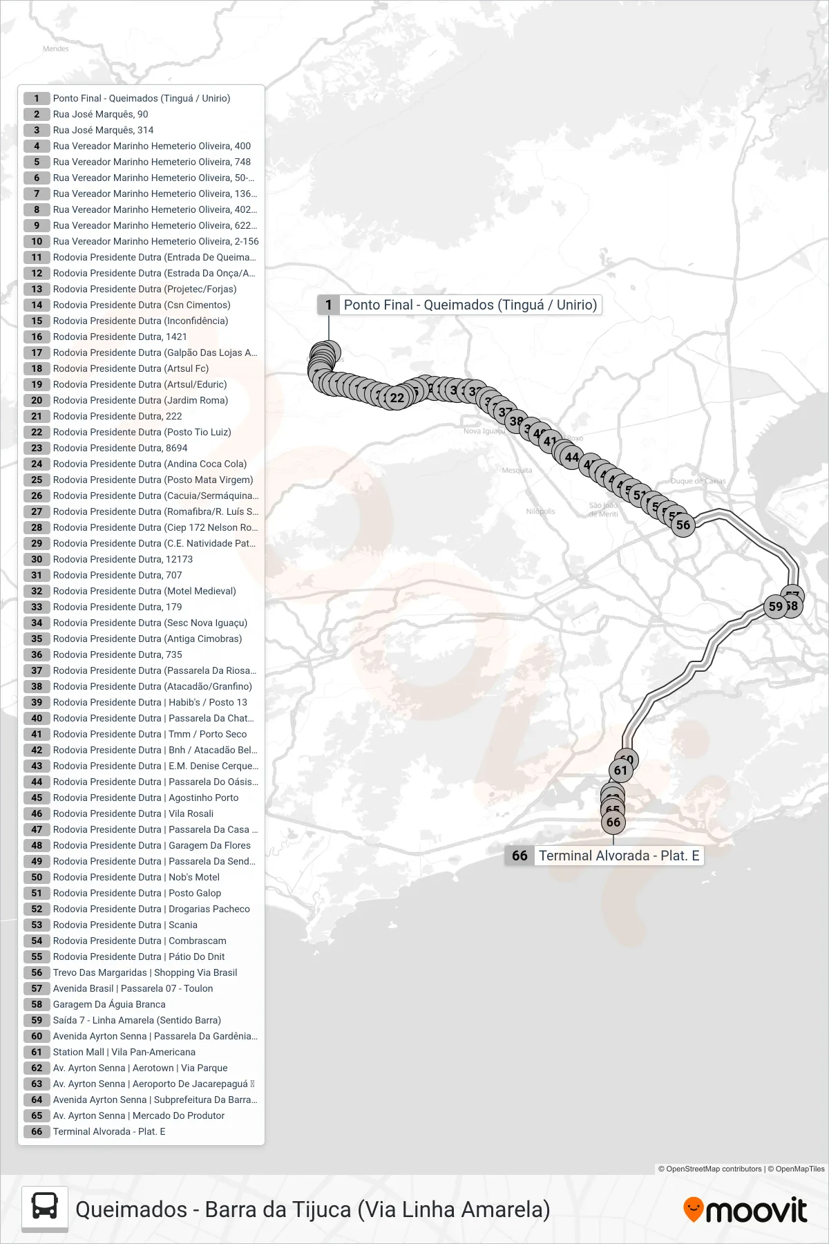 Rota e paradas da linha de ônibus 425 (Barra Da Tijuca) no mapa