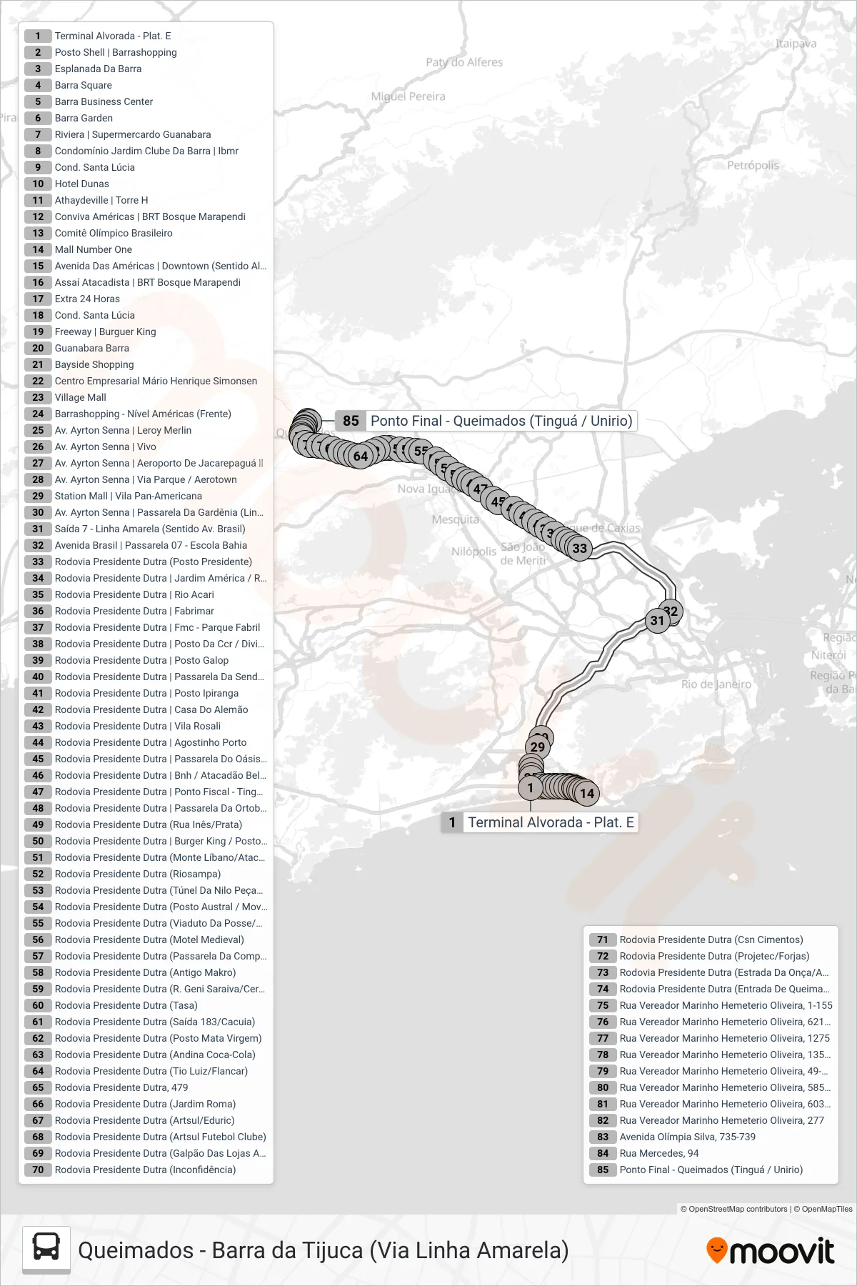 Rota e paradas da linha de ônibus 425 (Queimados) no mapa