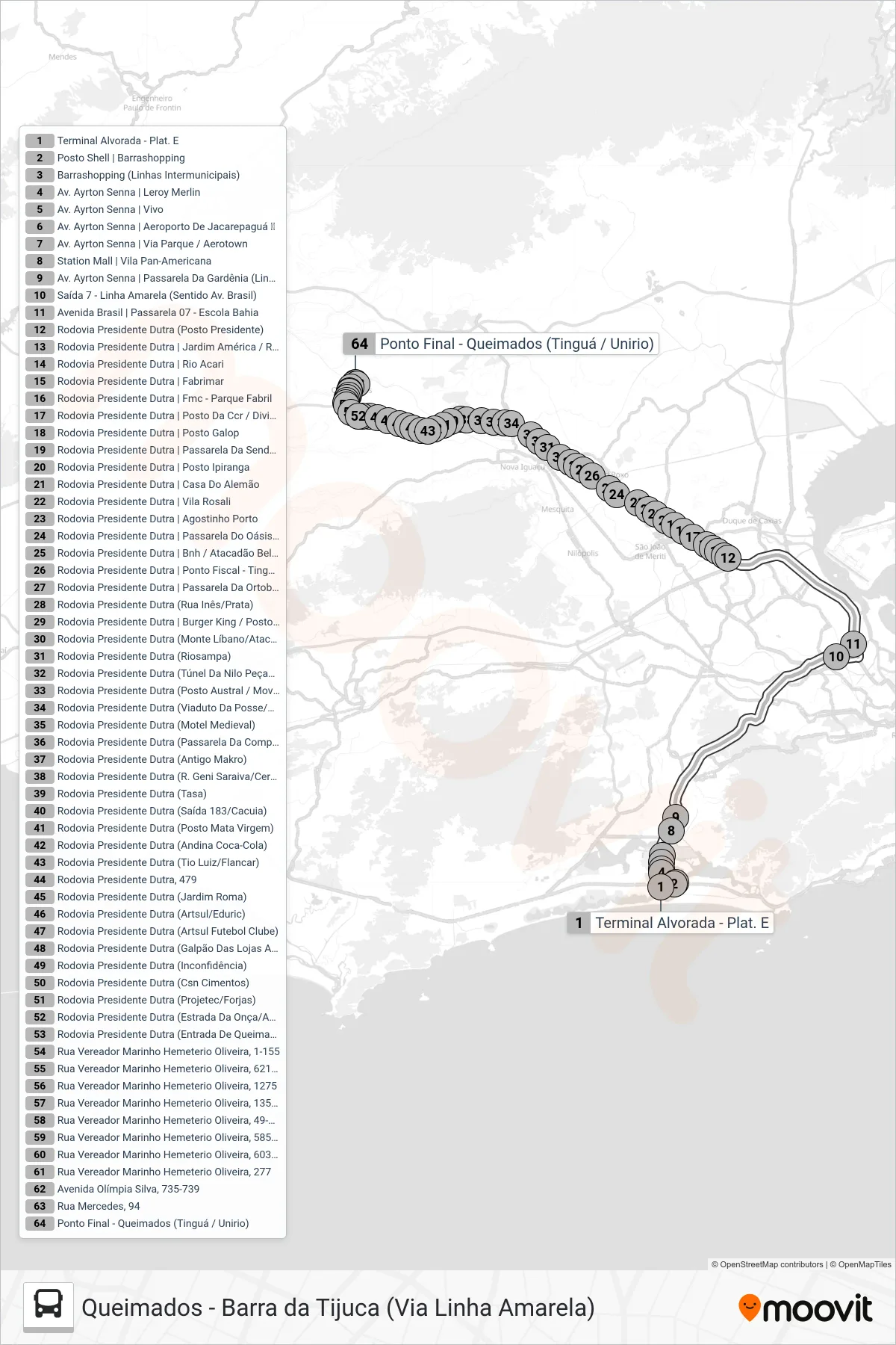 Rota e paradas da linha de ônibus 425 (Queimados (Expresso)) no mapa