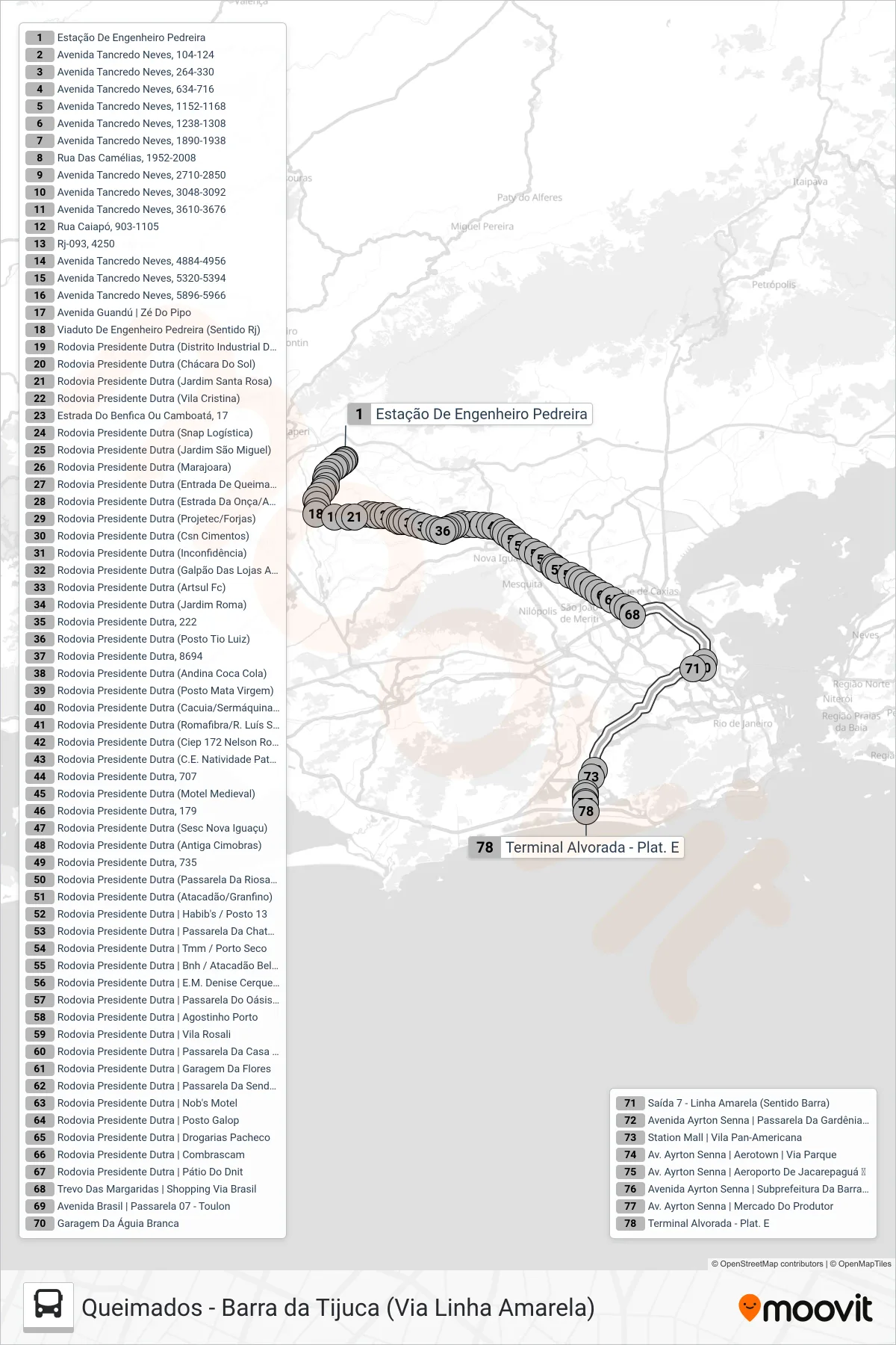 Rota e paradas da linha de ônibus 425 (Barra Da Tijuca (Saída De Eng. Pedreira)) no mapa