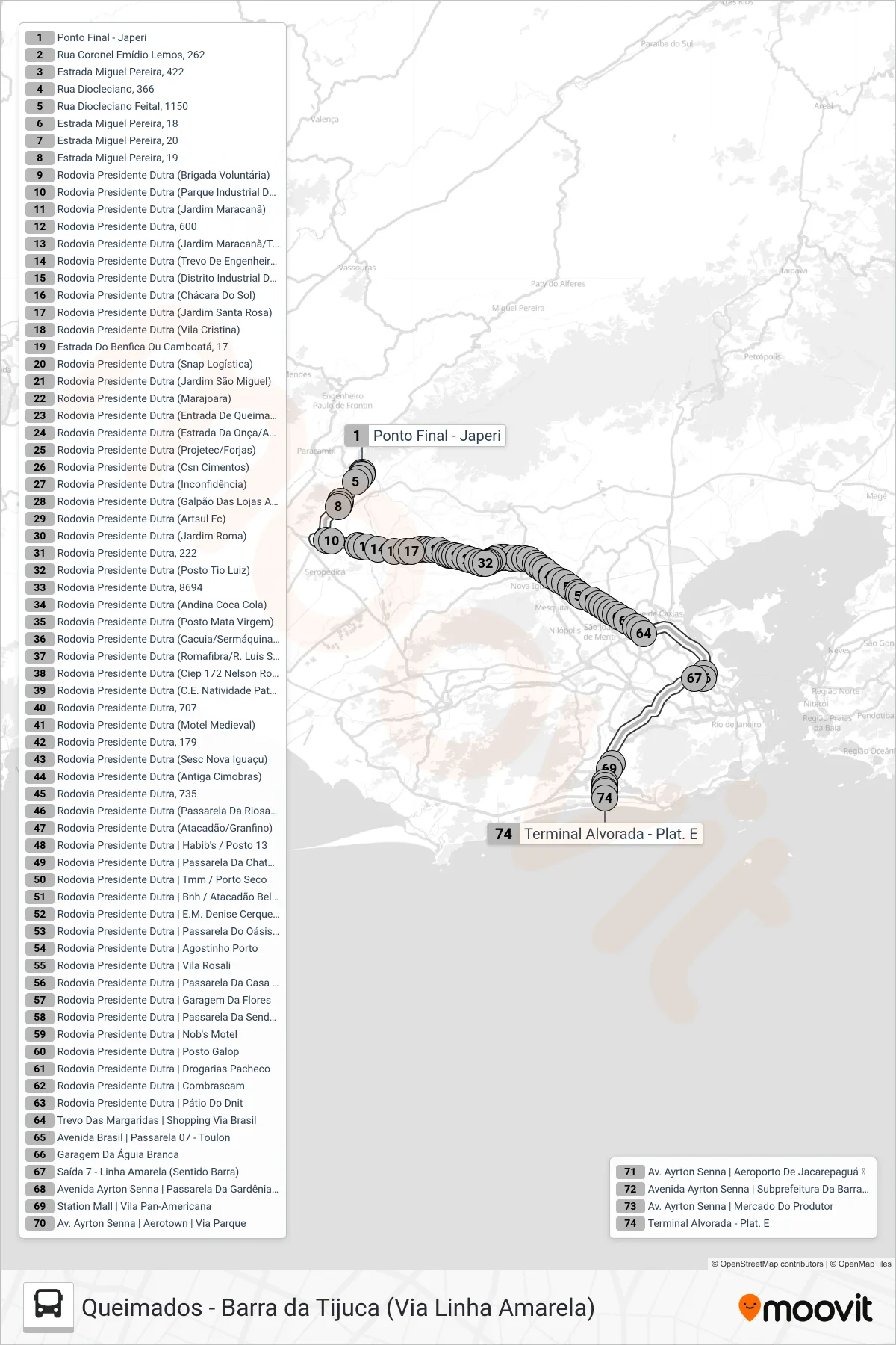 Rota e paradas da linha de ônibus  425  (Barra Da Tijuca (Saída De Japeri)) no mapa