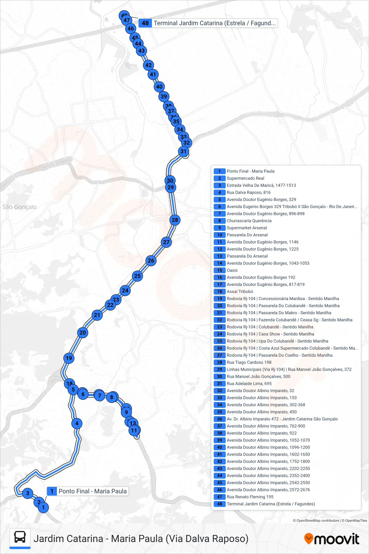 Rota e paradas da linha de ônibus 17C (Jardim Catarina) no mapa