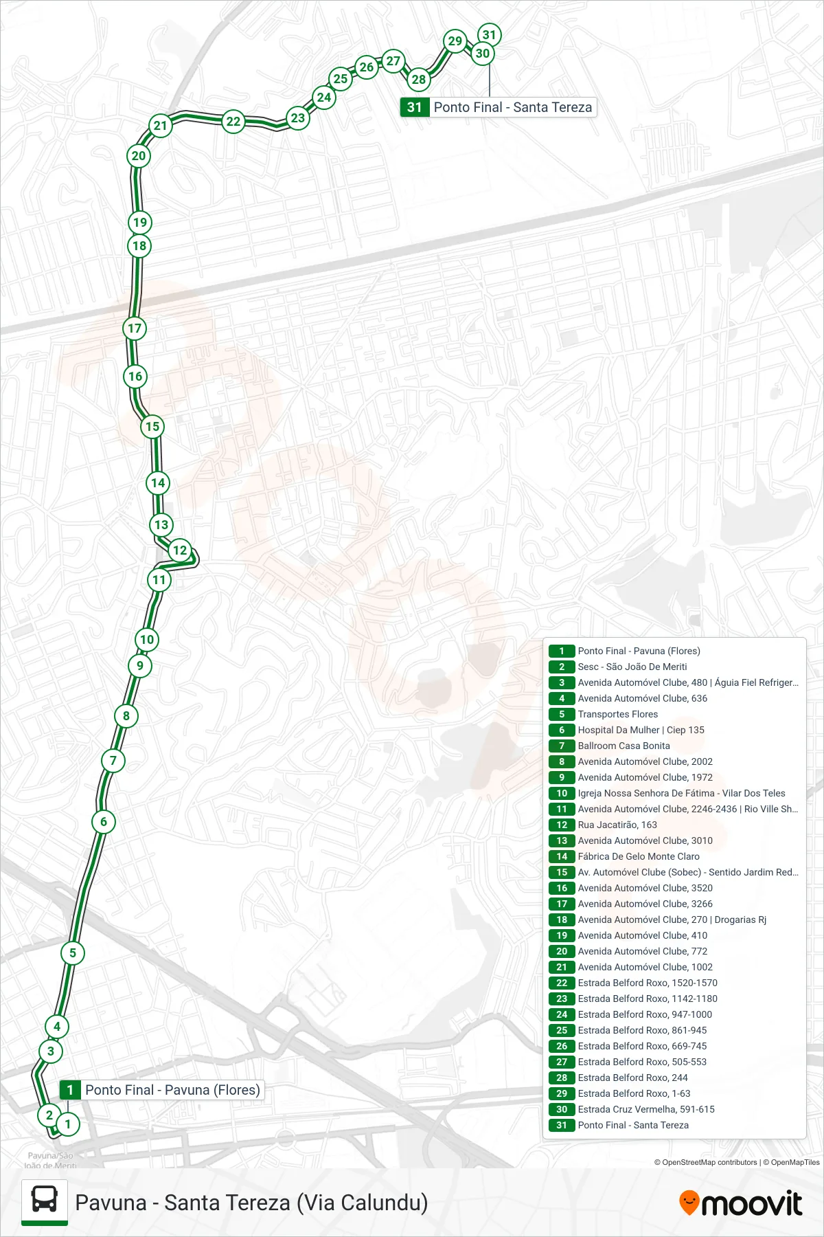496I bus Line (Santa Tereza) route and stops on a map
