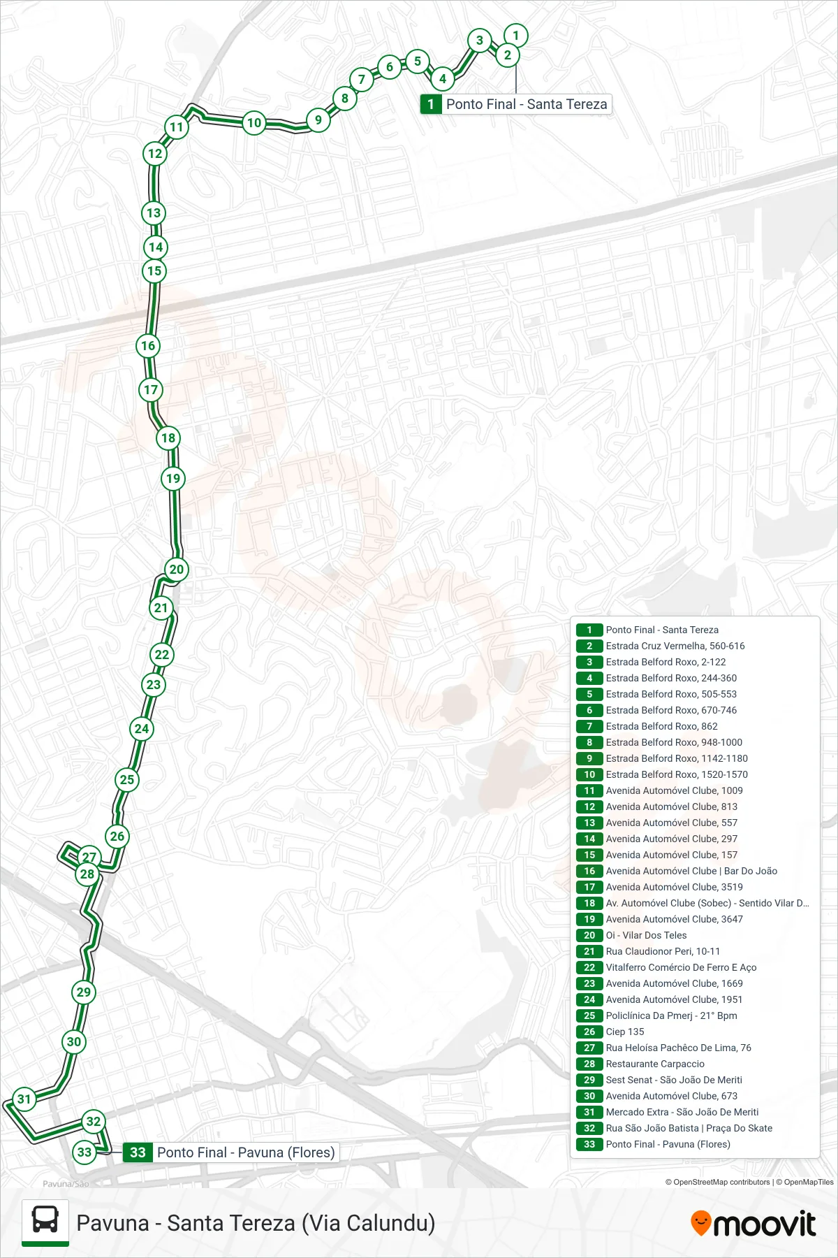 Rota e paradas da linha de ônibus 496I (Pavuna) no mapa