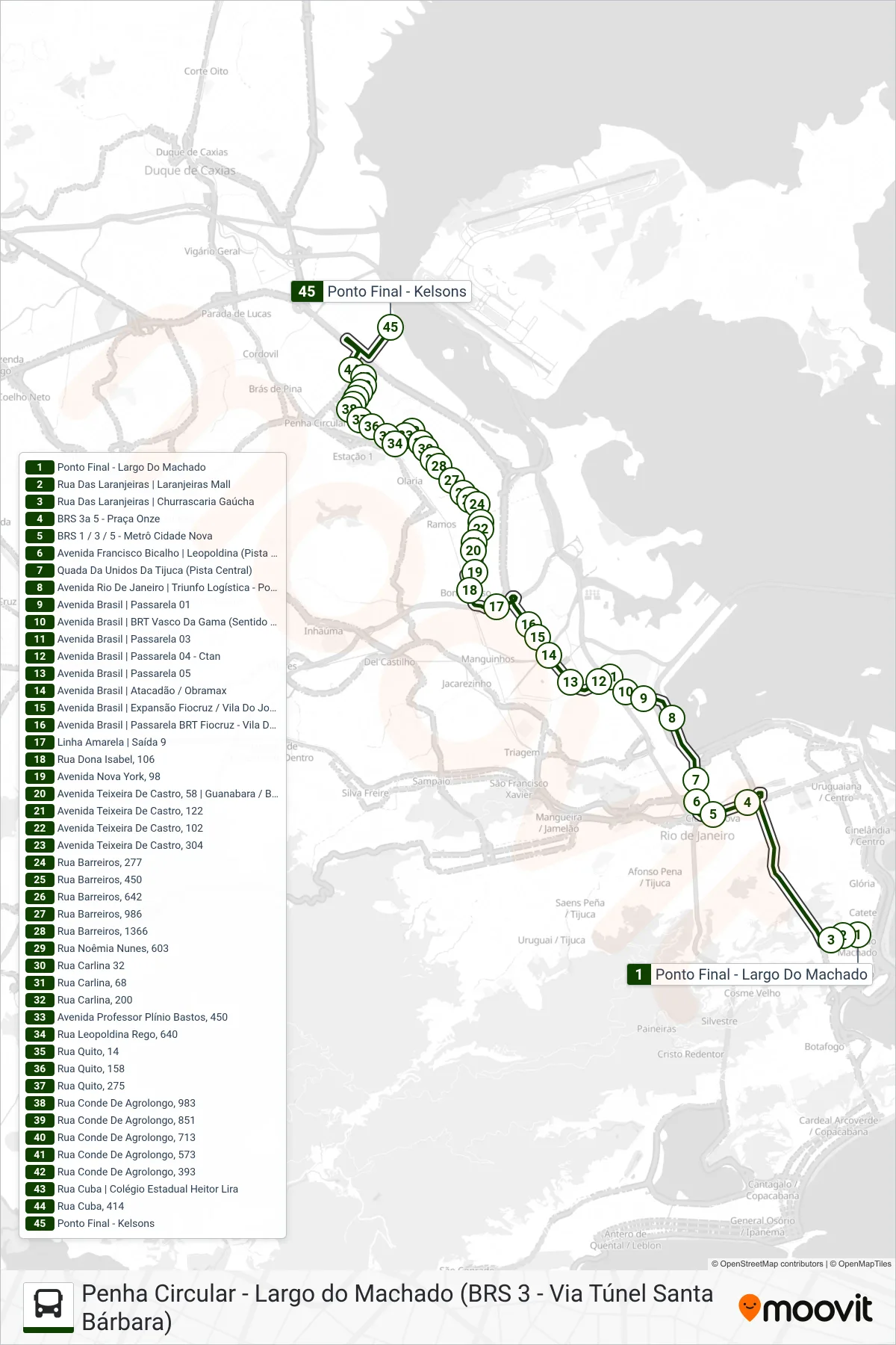 Rota e paradas da linha de ônibus 498 (Penha Circular (Direto)) no mapa