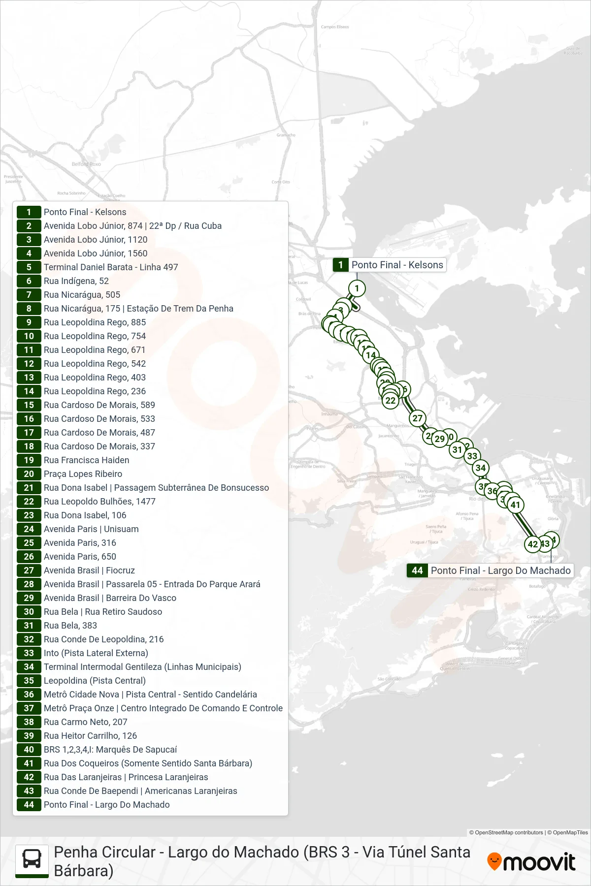 Rota e paradas da linha de ônibus 498 (Largo Do Machado (Via Catumbi)) no mapa
