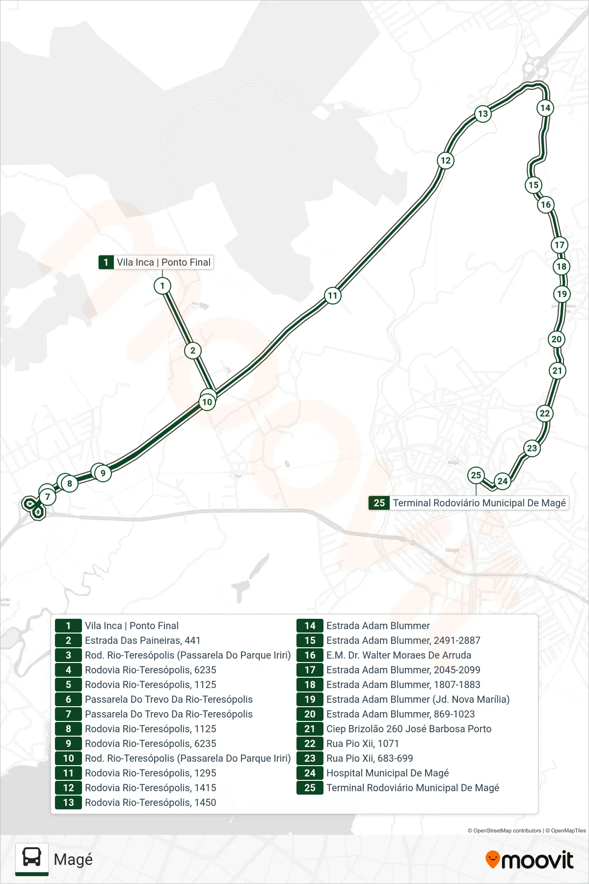 1012 bus Line (Magé) route and stops on a map