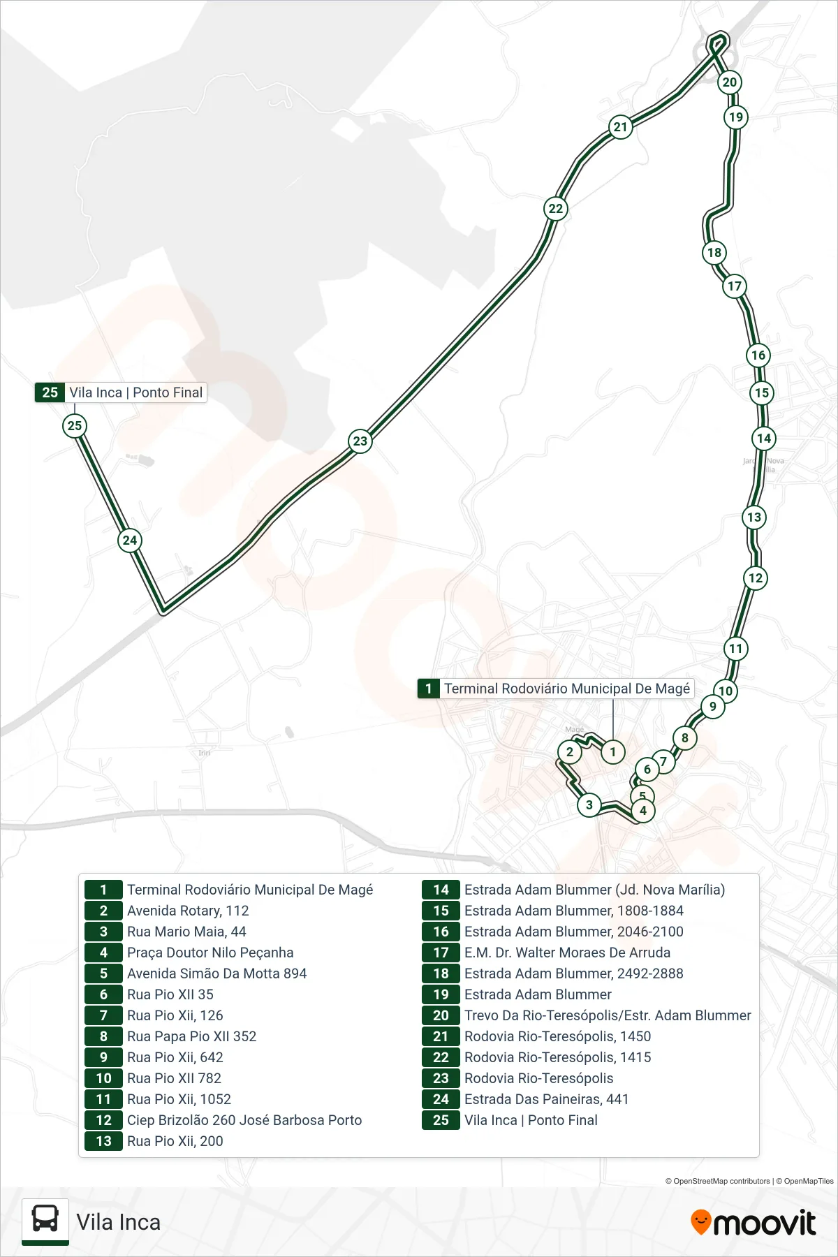 Rota e paradas da linha de ônibus 1012 (Vila Inca) no mapa