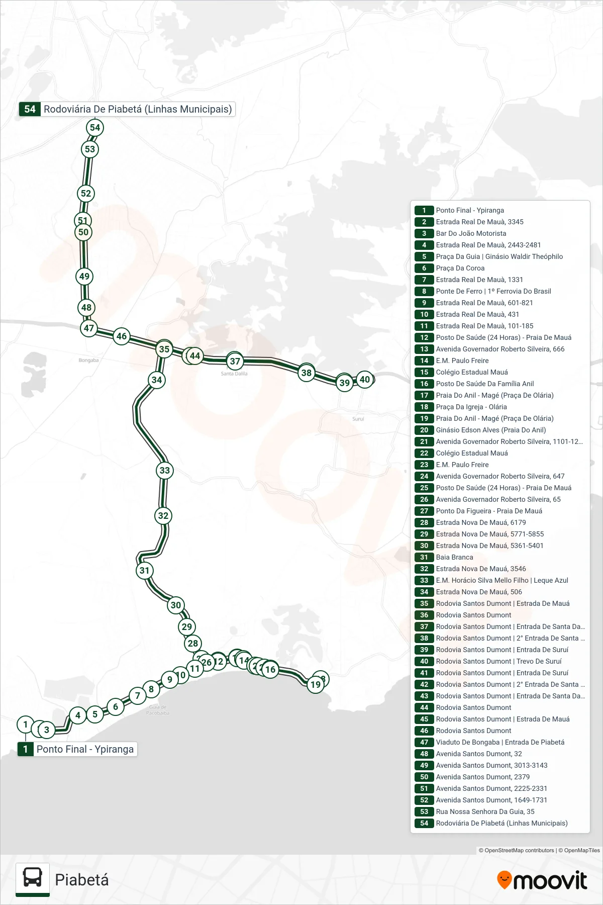 Rota e paradas da linha de ônibus  1014  (Piabetá) no mapa