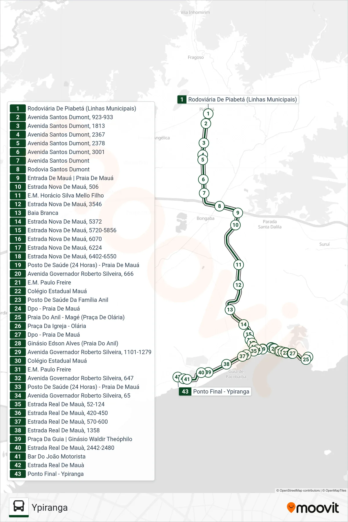 Rota e paradas da linha de ônibus 1014 (Ypiranga) no mapa