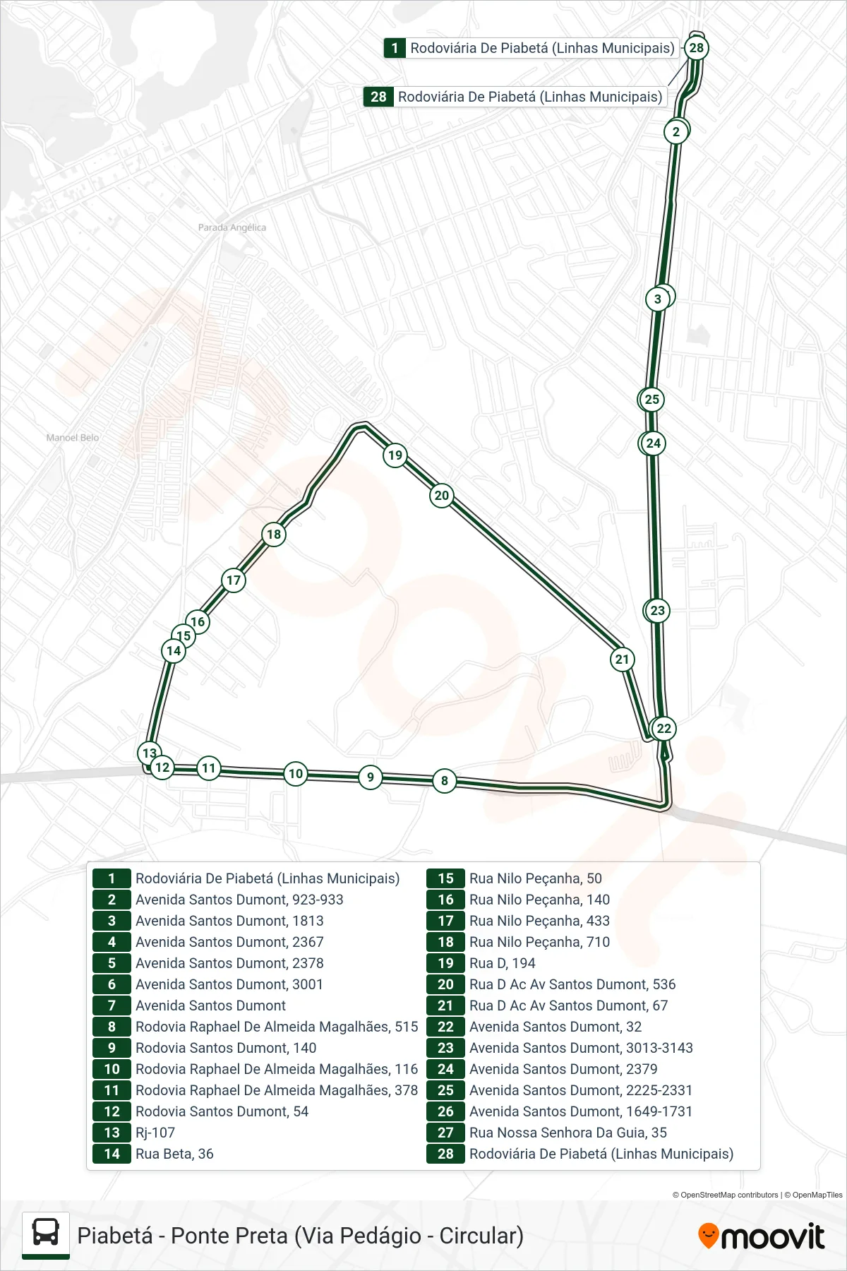 Rota e paradas da linha de ônibus 1015 (Piabetá ↔ Ponte Preta (Circular)) no mapa