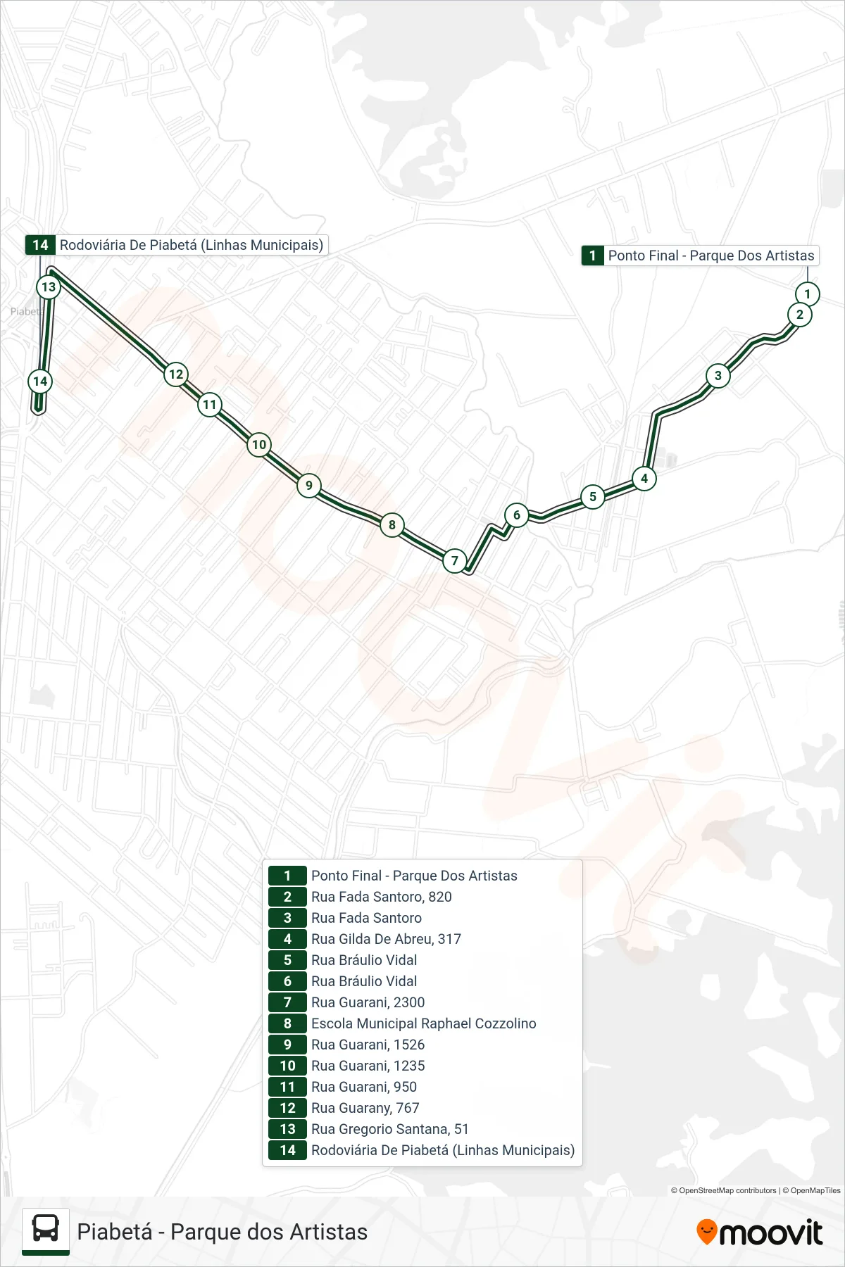 Rota e paradas da linha de ônibus 1017 (Piabetá) no mapa