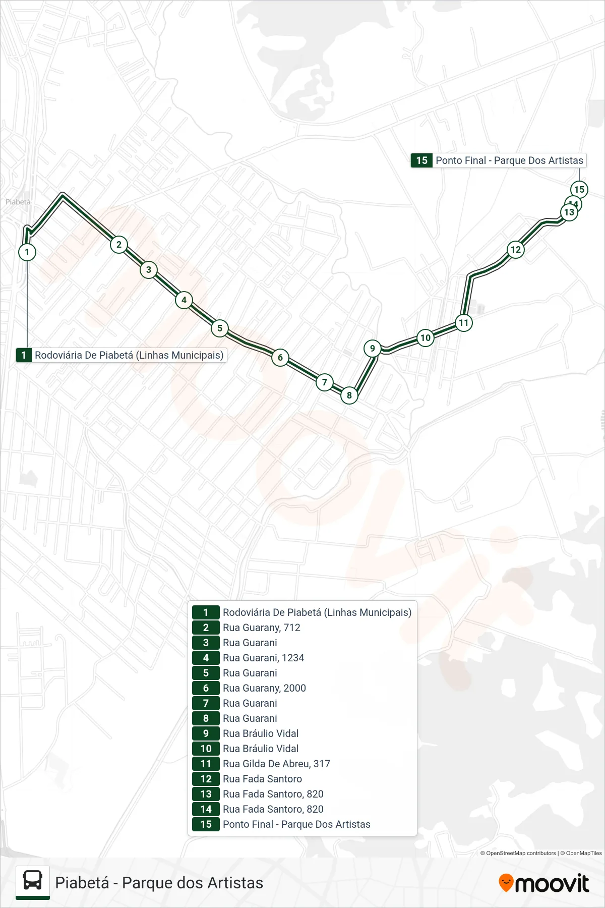 Rota e paradas da linha de ônibus 1017 (Parque Dos Artistas) no mapa