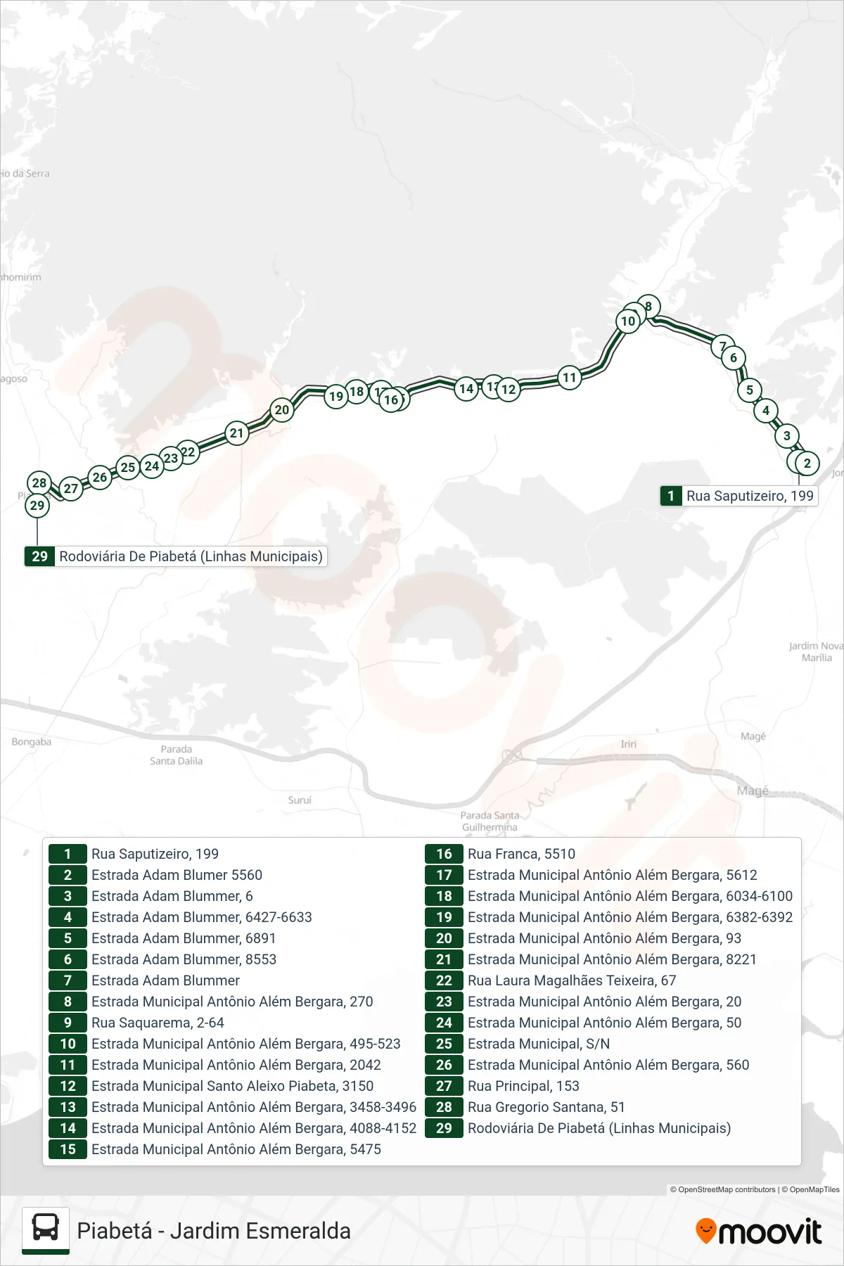 Rota e paradas da linha de ônibus 1018 (Piabetá) no mapa