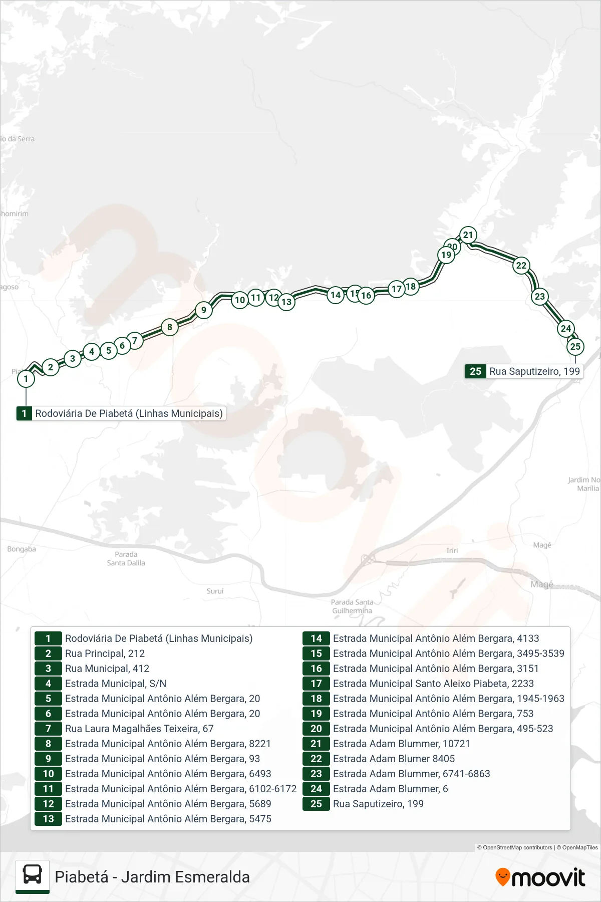 Rota e paradas da linha de ônibus 1018 (Jardim Esmeralda) no mapa