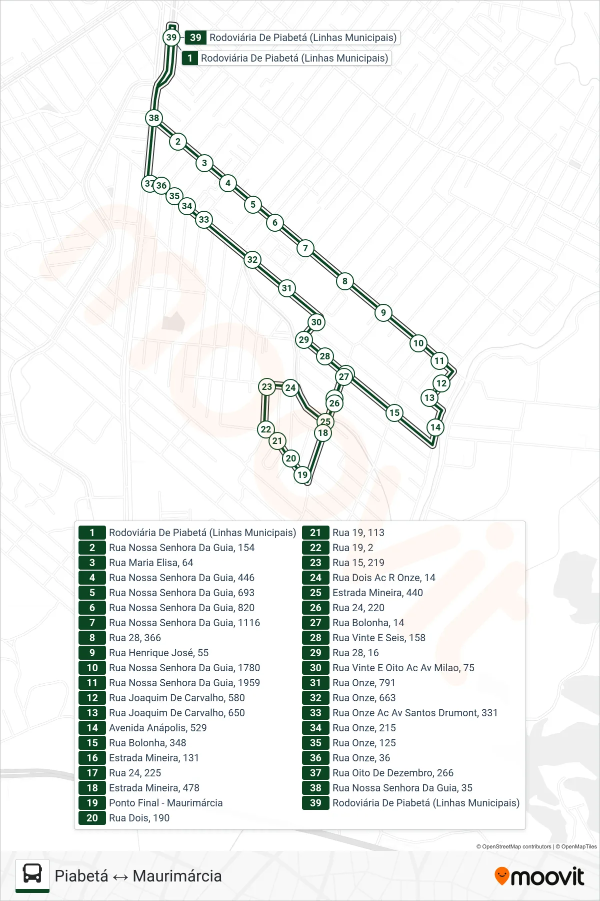 Rota e paradas da linha de ônibus 1019 (Piabetá ↔ Maurimárcia) no mapa