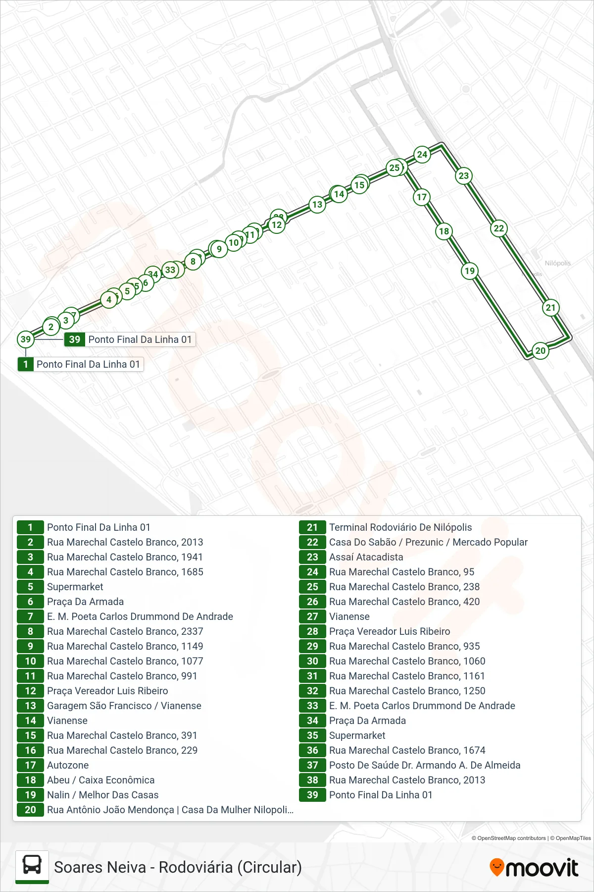 Rota e paradas da linha de ônibus  01  (Soares Neiva ↔ Rodoviária) no mapa