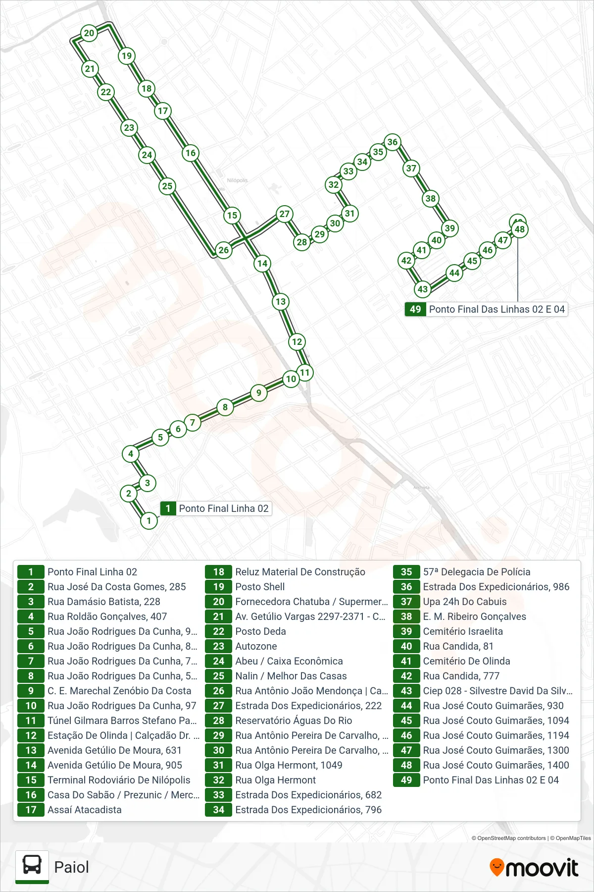 Rota e paradas da linha de ônibus 02 (Paiol) no mapa