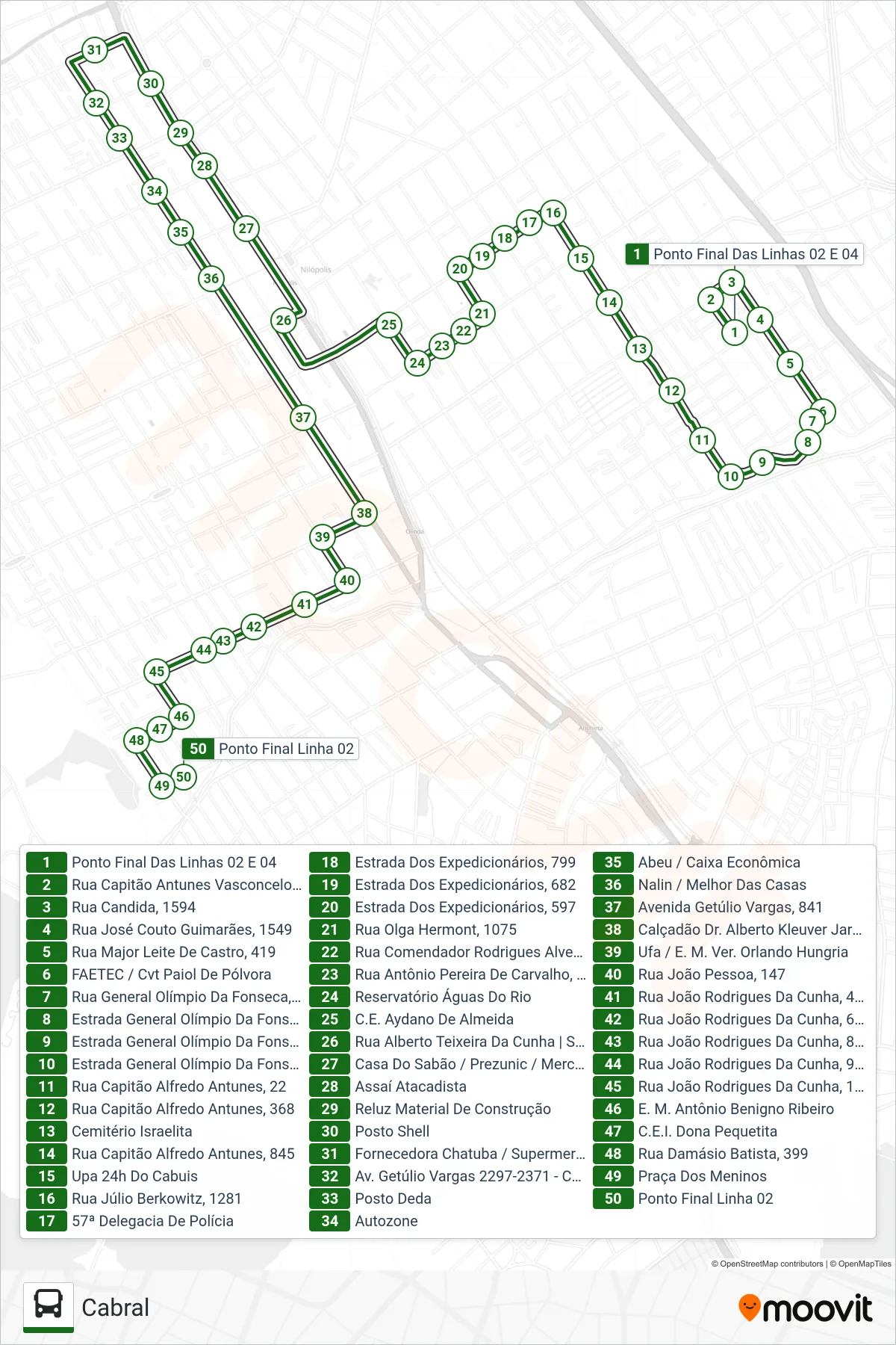 Rota e paradas da linha de ônibus 02 (Cabral) no mapa