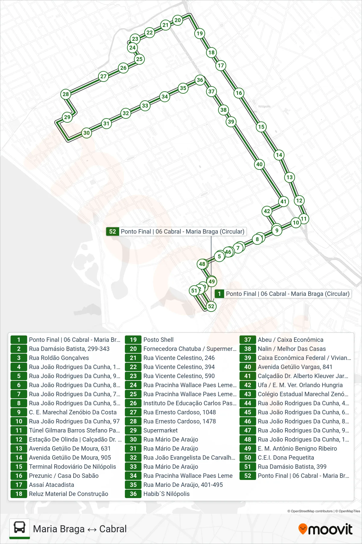 Rota e paradas da linha de ônibus  06  (Maria Braga ↔ Cabral) no mapa