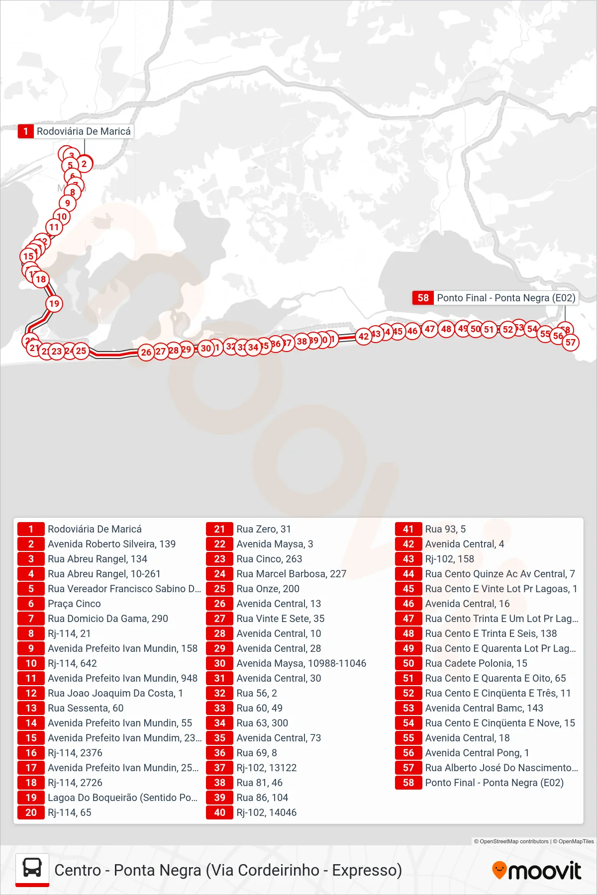 Rota e paradas da linha de ônibus  E02A  (Ponta Negra) no mapa