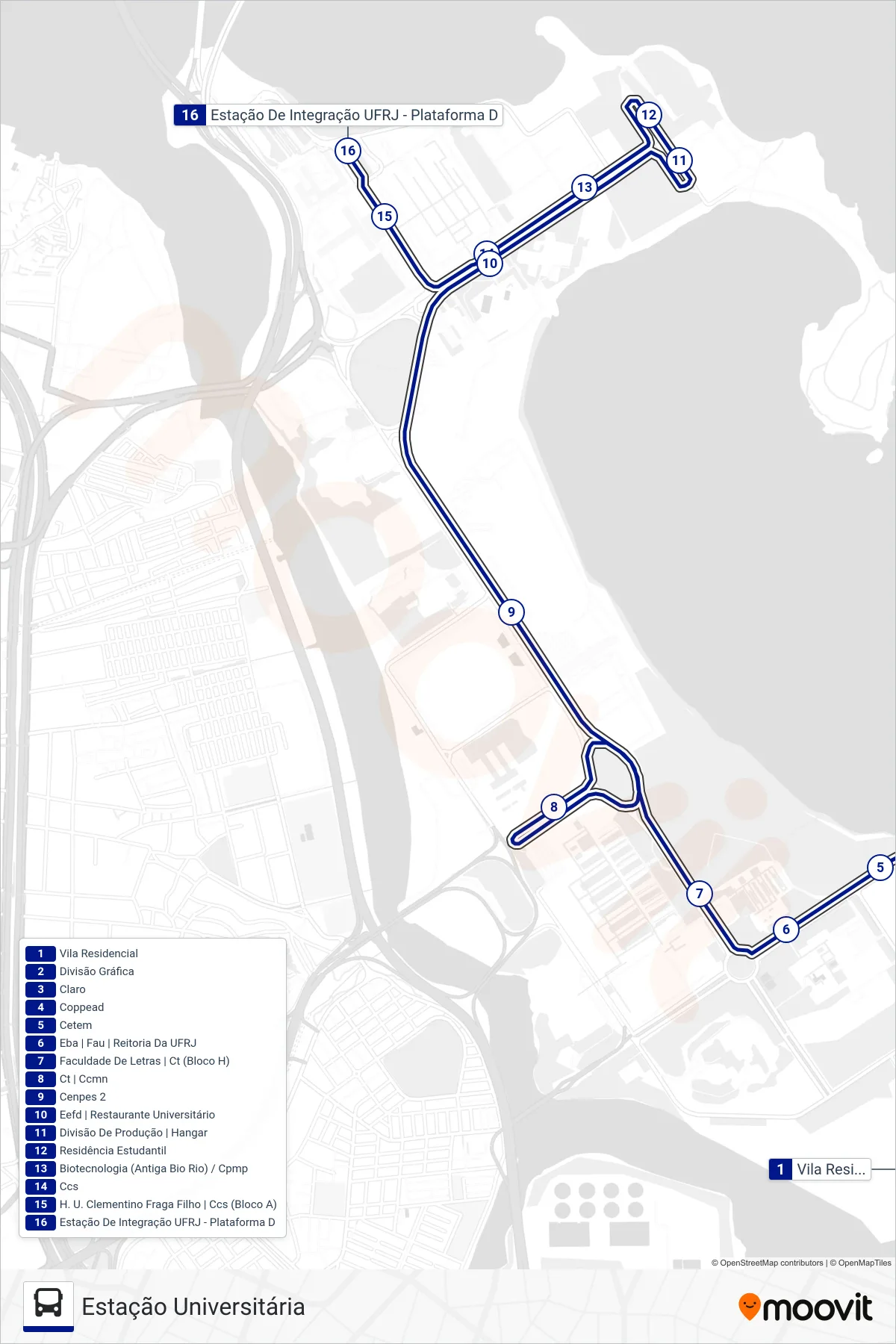 Rota e paradas da linha de ônibus  1  (Estação Universitária) no mapa