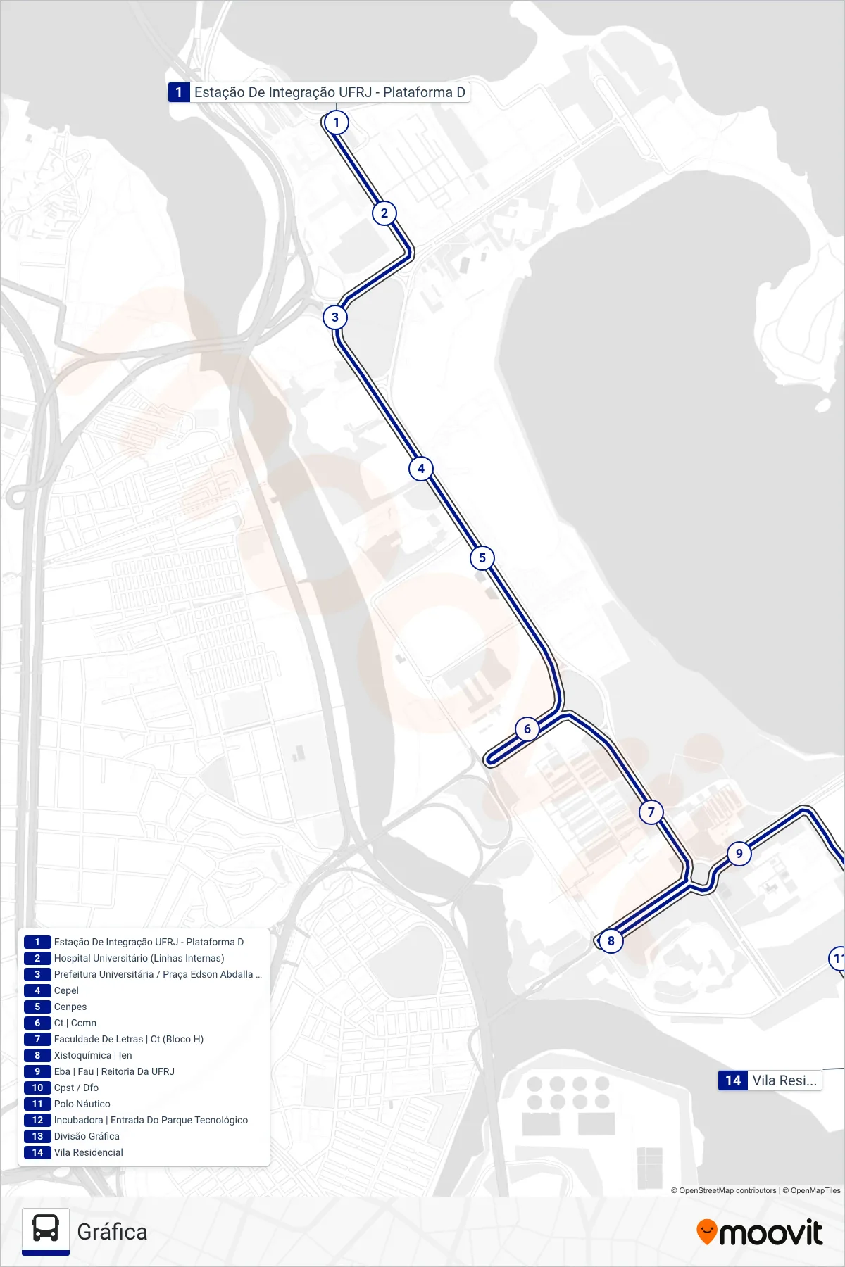 Rota e paradas da linha de ônibus 1 (Gráfica) no mapa