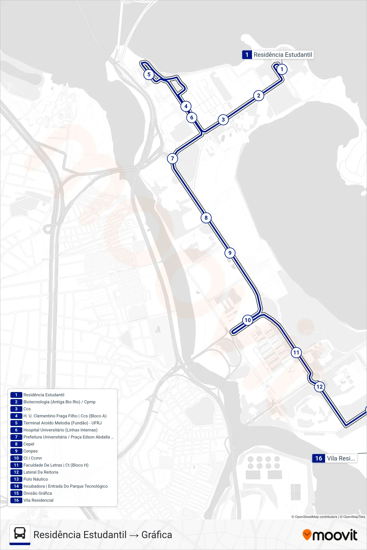 Rota e paradas da linha de ônibus 1 (Residência Estudantil → Gráfica) no mapa
