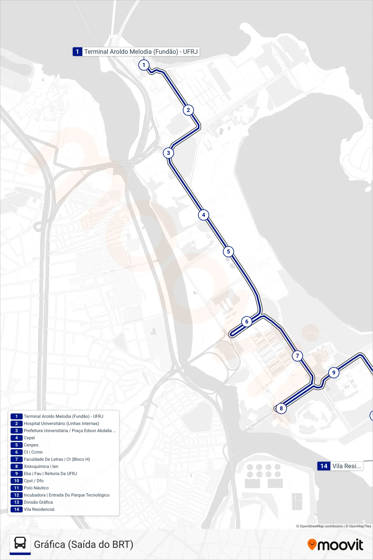 Rota e paradas da linha de ônibus 1 (Gráfica (Saída do BRT)) no mapa