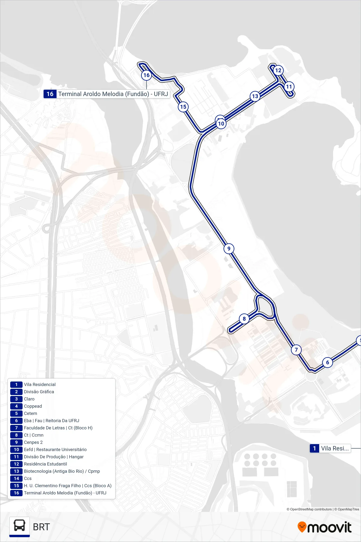 Rota e paradas da linha de ônibus 1 (BRT) no mapa