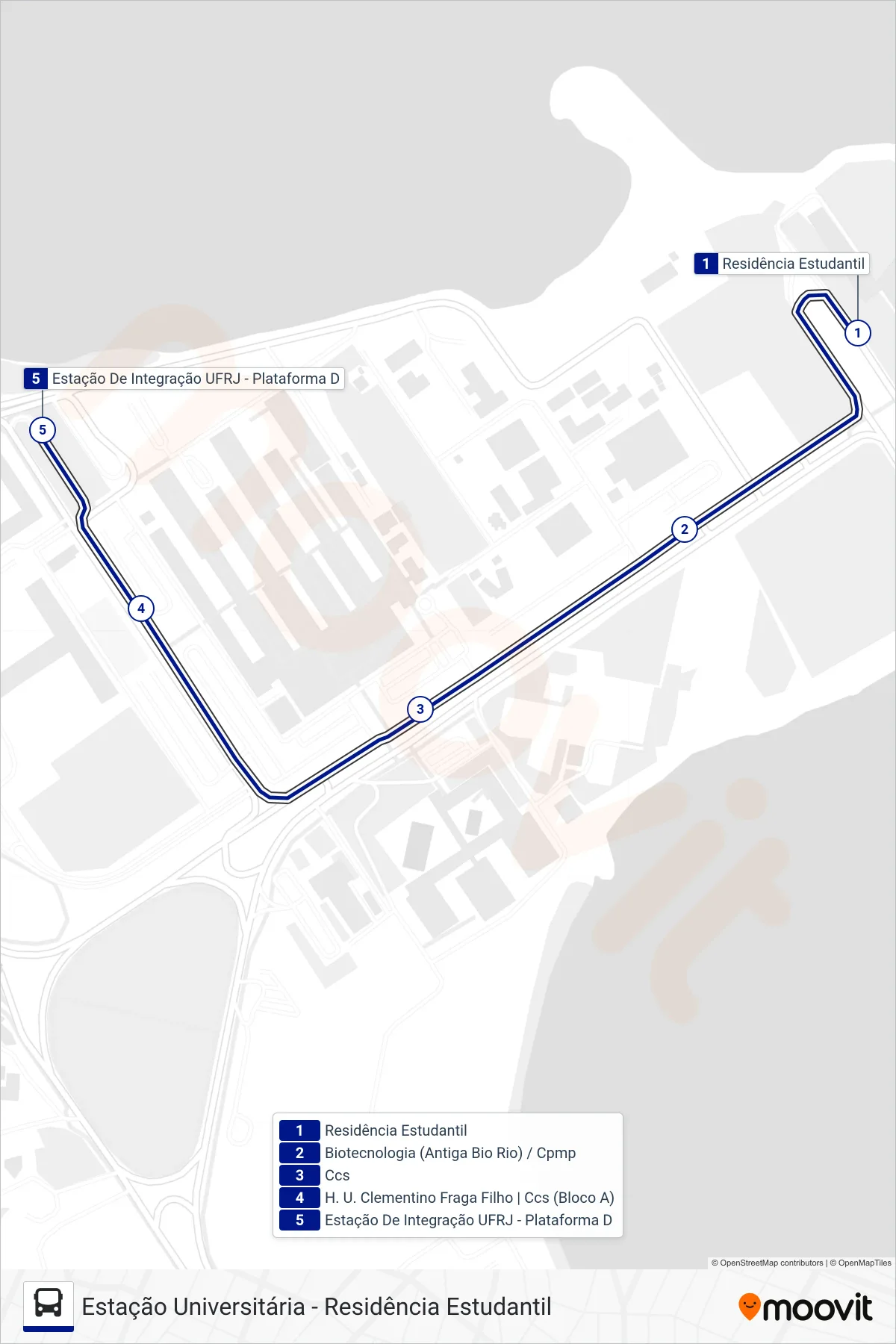 Rota e paradas da linha de ônibus 3 (Estação Universitária) no mapa