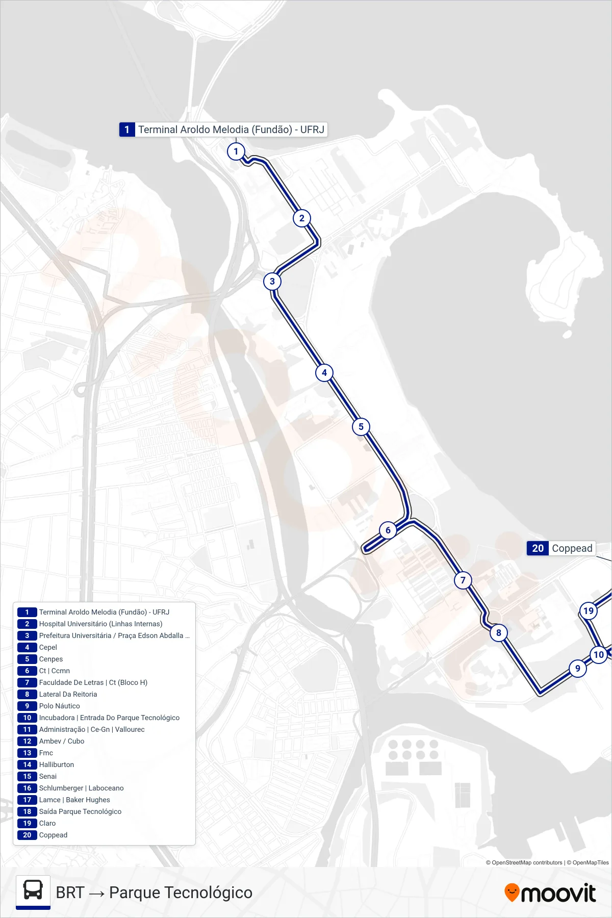 Rota e paradas da linha de ônibus 4 (BRT → Parque Tecnológico) no mapa