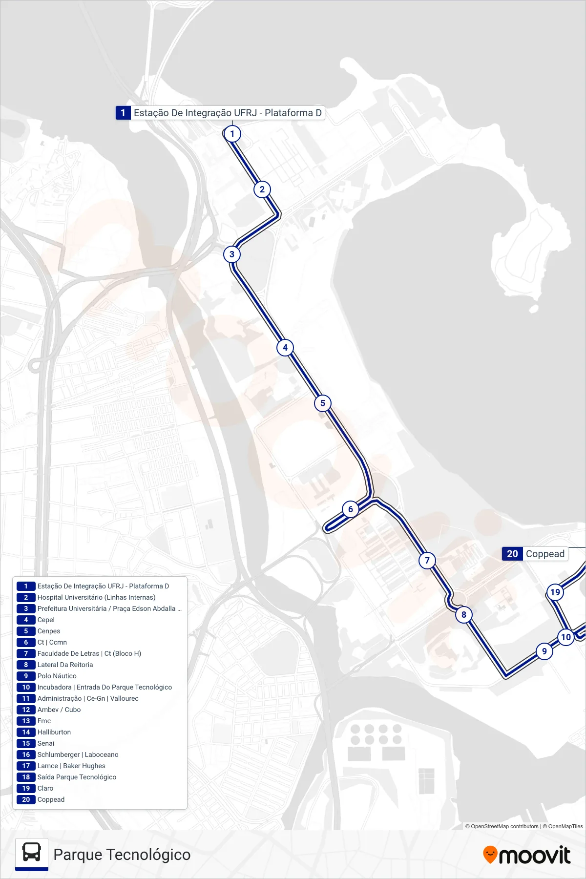 Rota e paradas da linha de ônibus 4 (Parque Tecnológico) no mapa