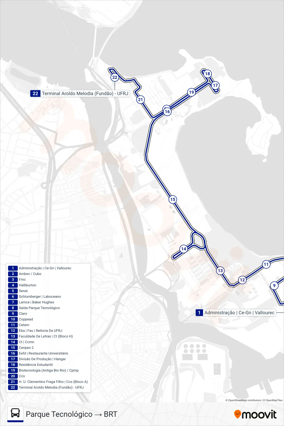 Rota e paradas da linha de ônibus 4 (Parque Tecnológico → BRT) no mapa