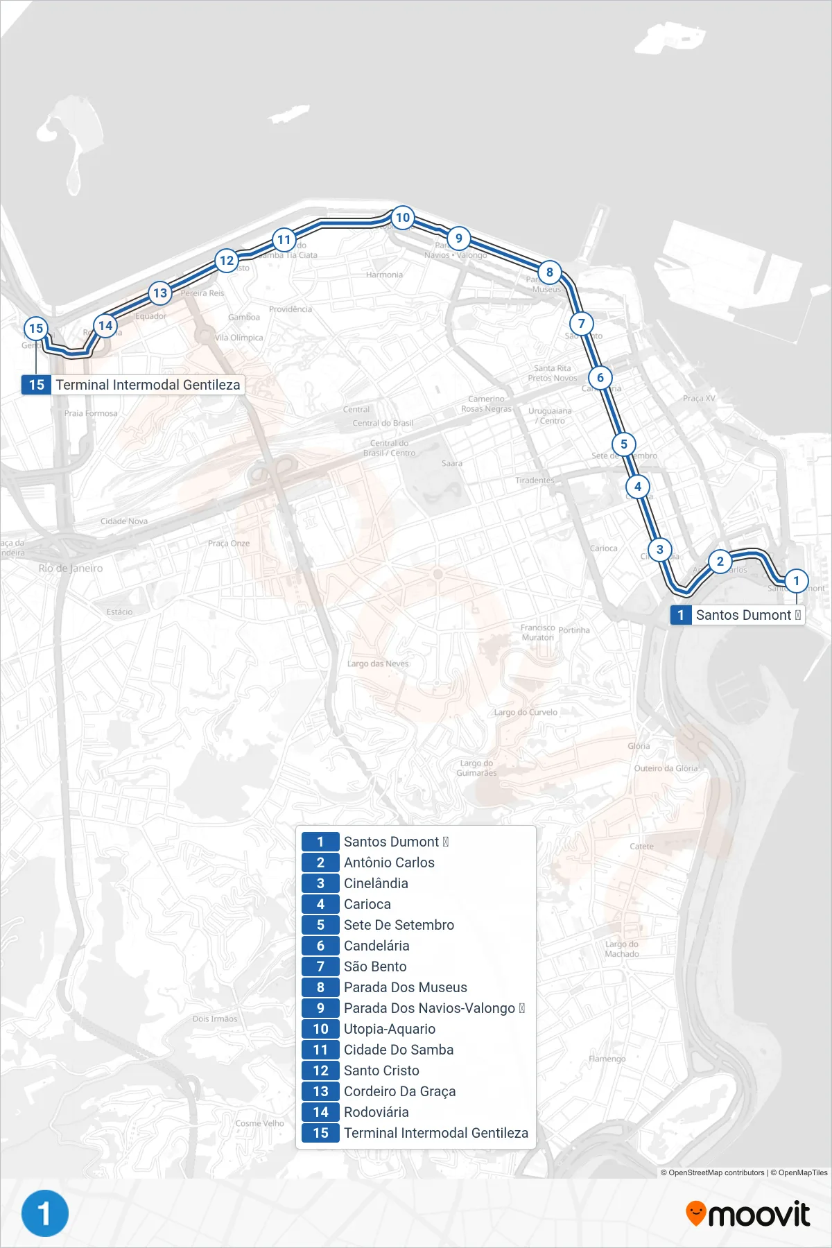 Rota e paradas da linha de vlt  L1  (Praia Formosa) no mapa